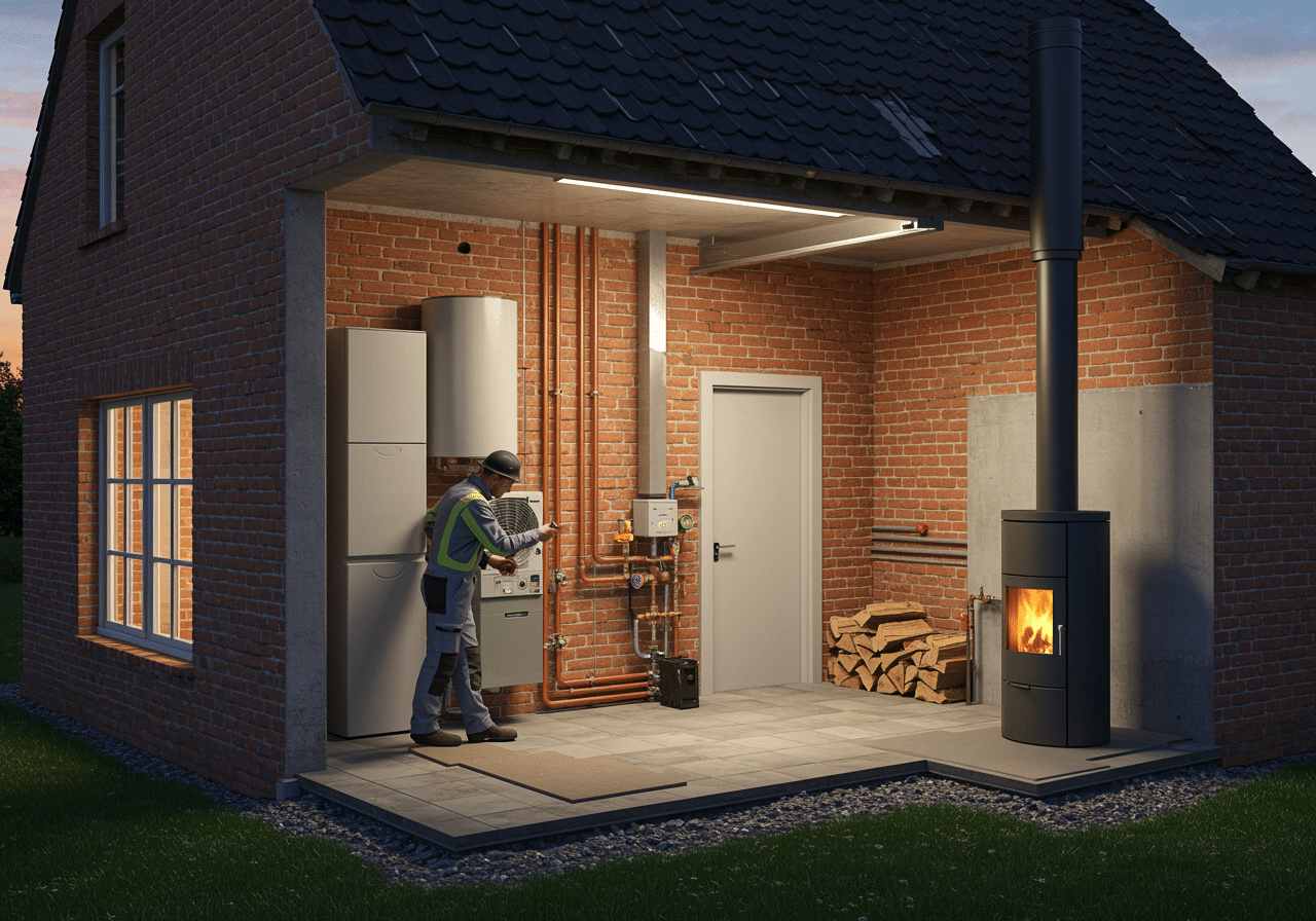 Wärmepumpe trifft Kaminofen: Hybridheizung clever planen, Kosten sparen