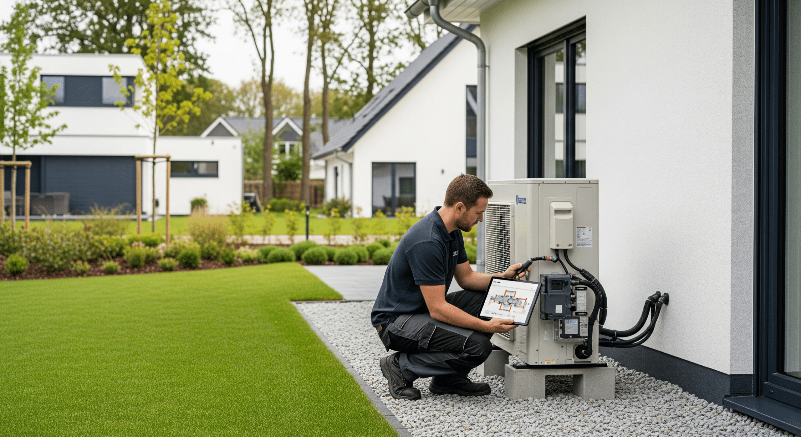 Installateur prüft Außeneinheit einer Wärmepumpe neben modernem Einfamilienhaus in Oldenburg