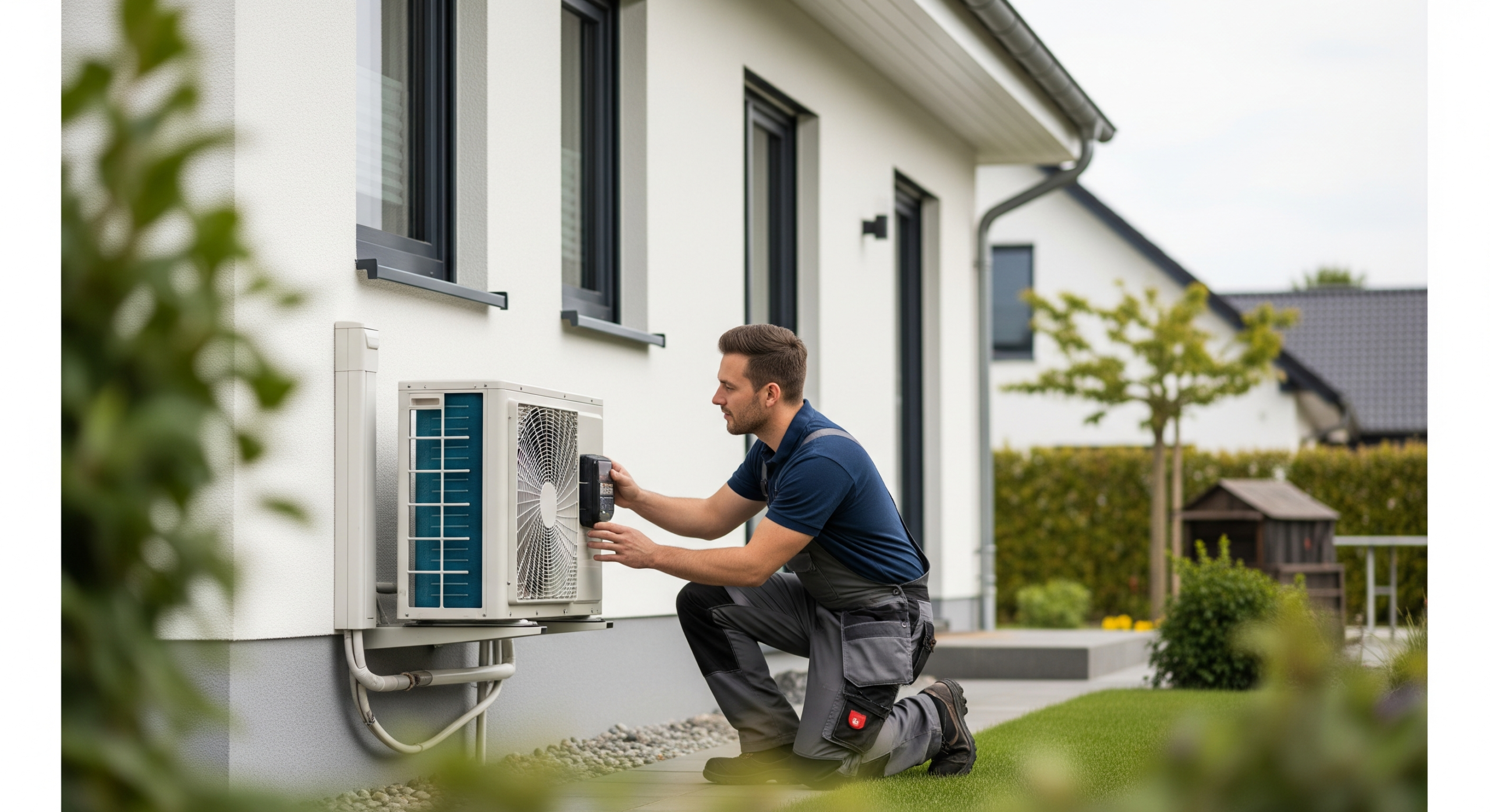 Installateur prüft die Außeneinheit einer Luft-Wasser-Wärmepumpe neben einem Einfamilienhaus in Oldenburg