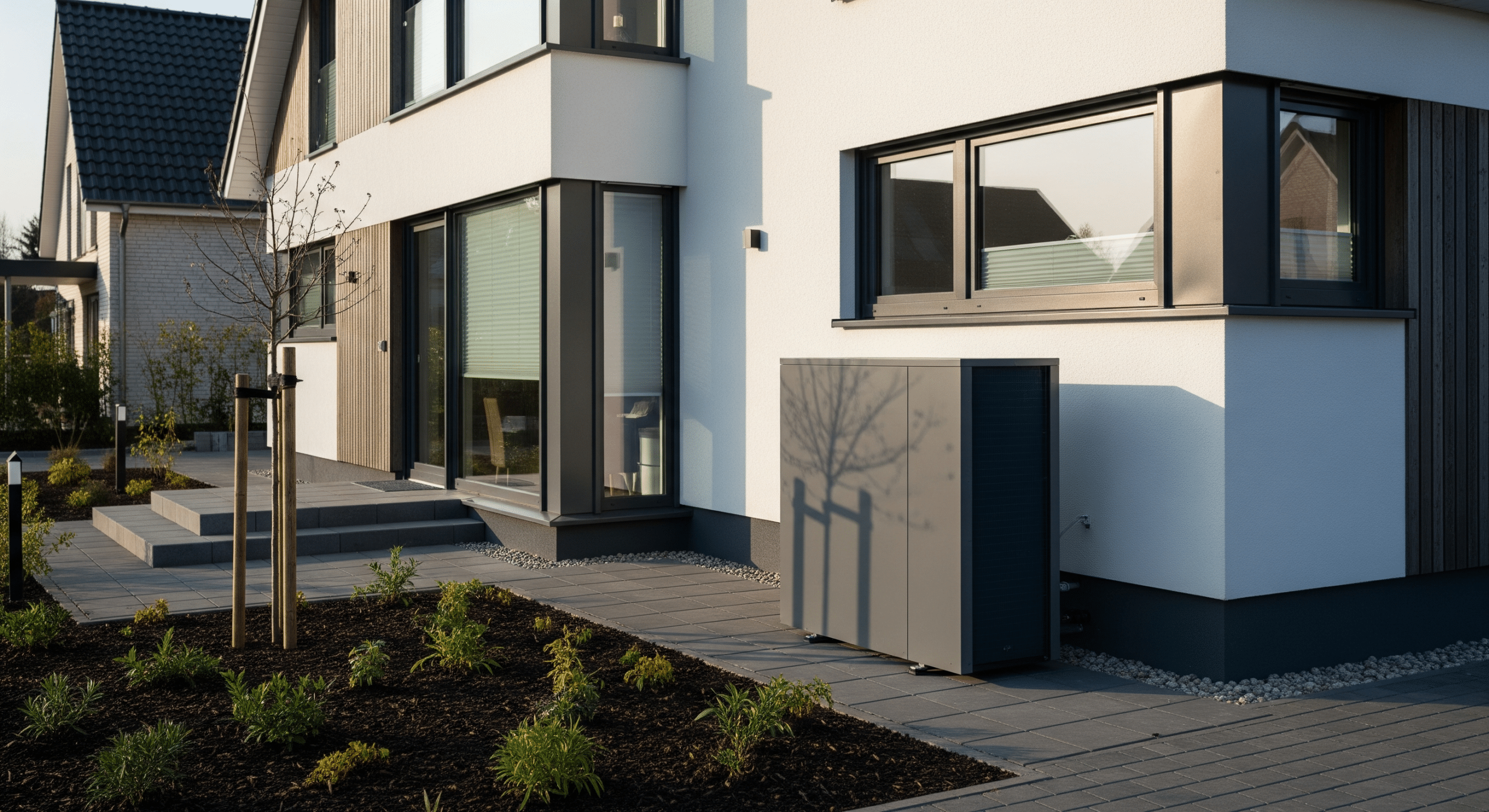 Außeneinheit einer Luft-Wasser-Wärmepumpe neben einem modernen Einfamilienhaus in Oldenburg