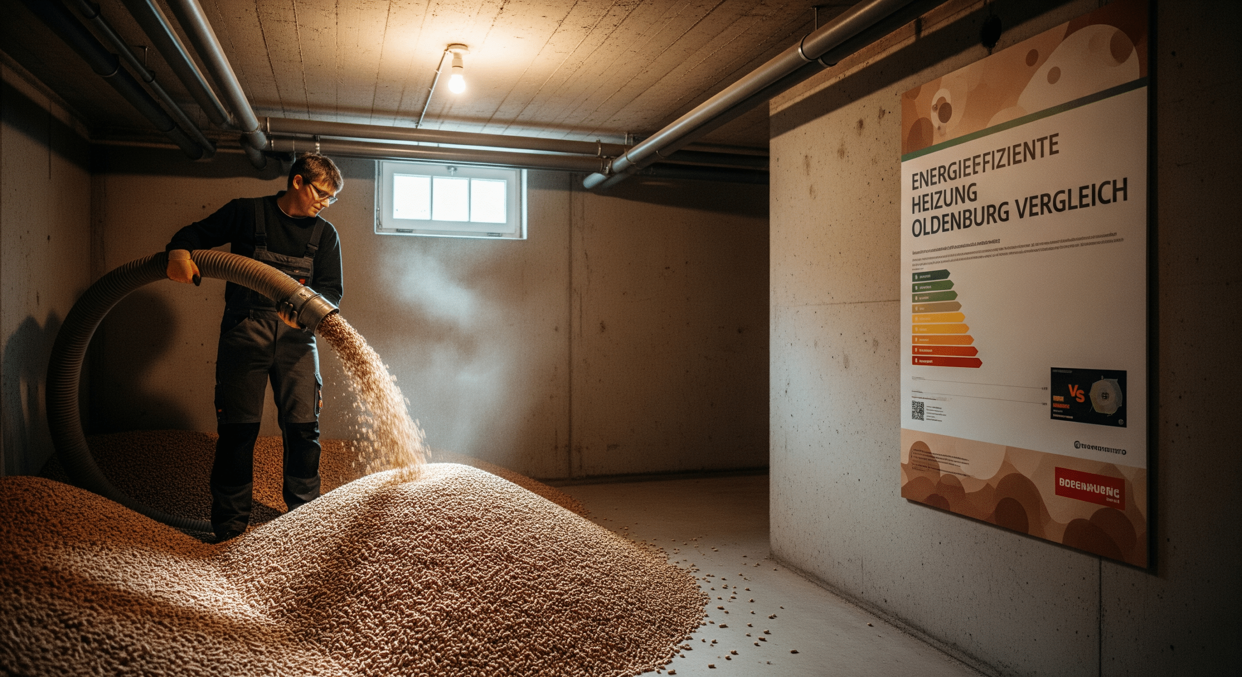 Hausbesitzer befüllt Pelletlagerraum mit Holzpellets im Keller eines Einfamilienhauses