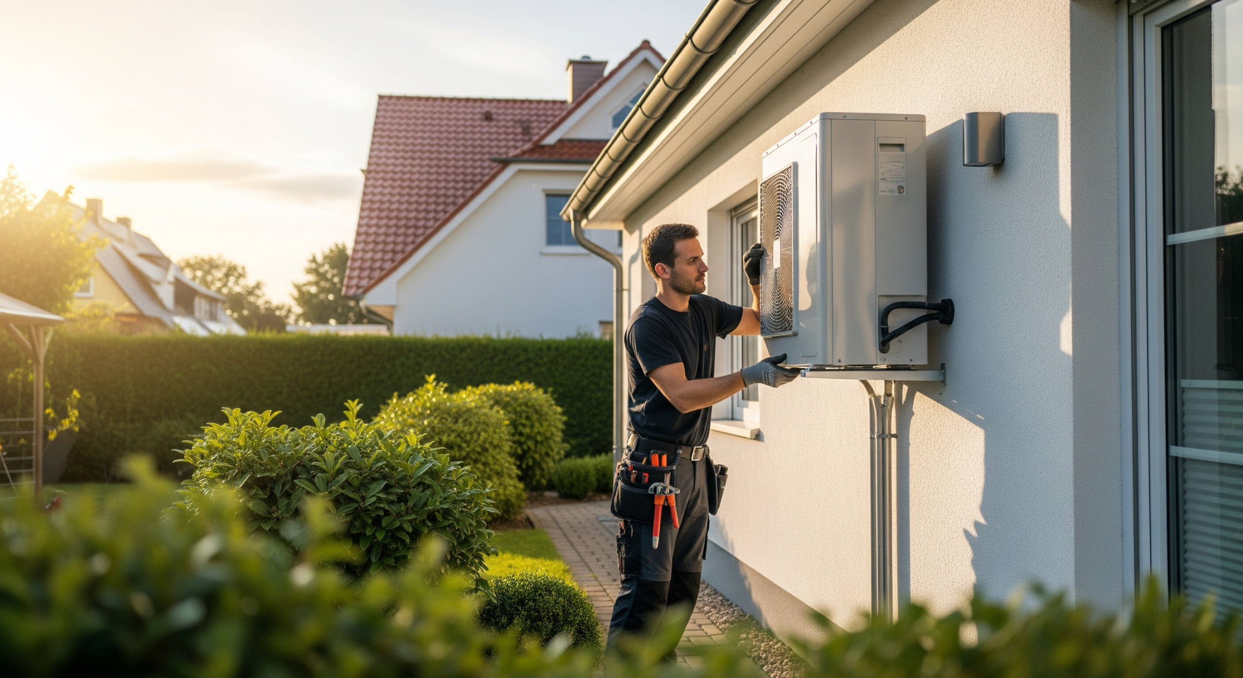 Installateur montiert moderne Wärmepumpe in einem Einfamilienhaus in Oldenburg