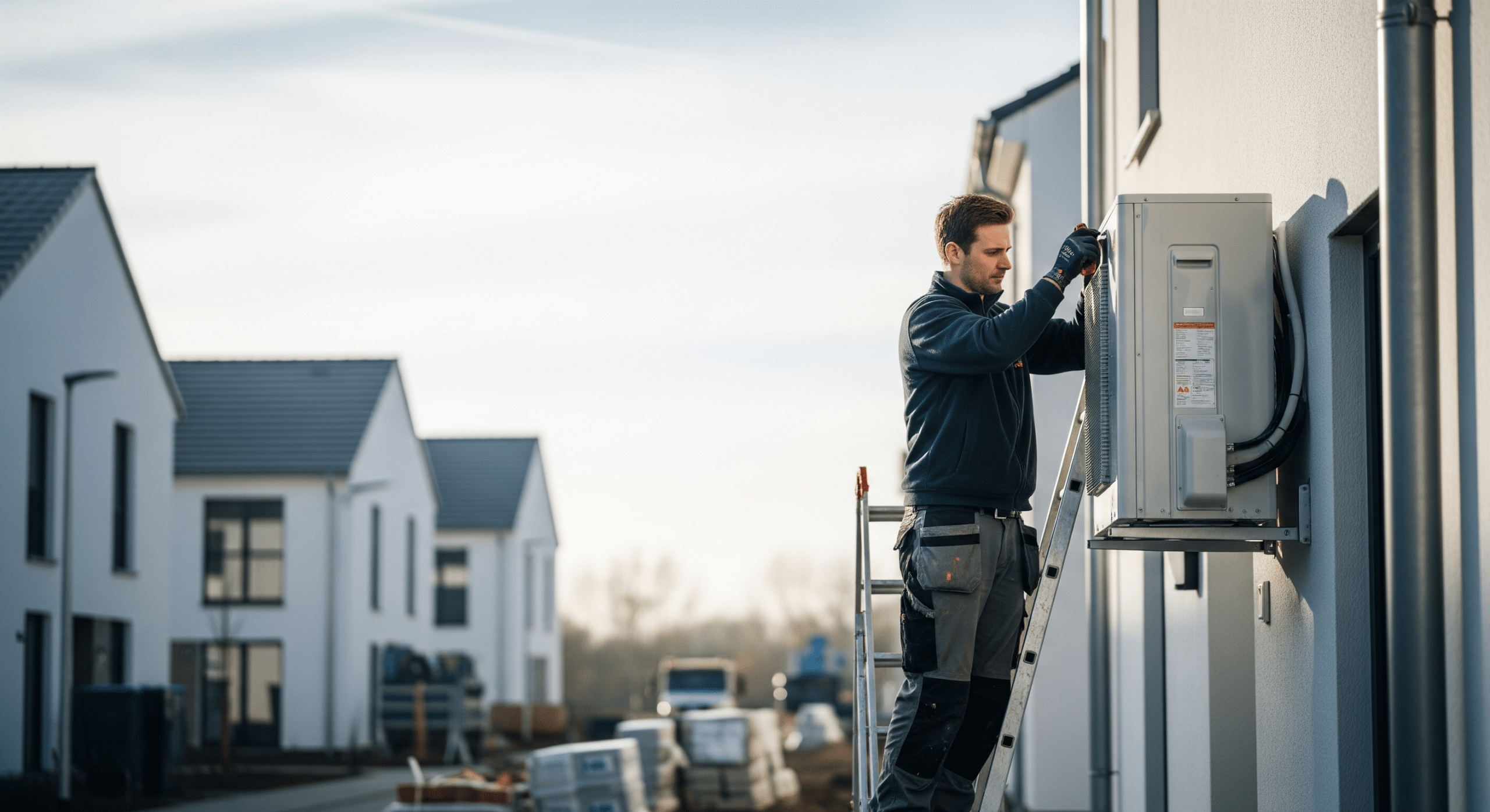 Installateur montiert moderne Luft-Wasser-Wärmepumpe an Hausfassade im Neubaugebiet