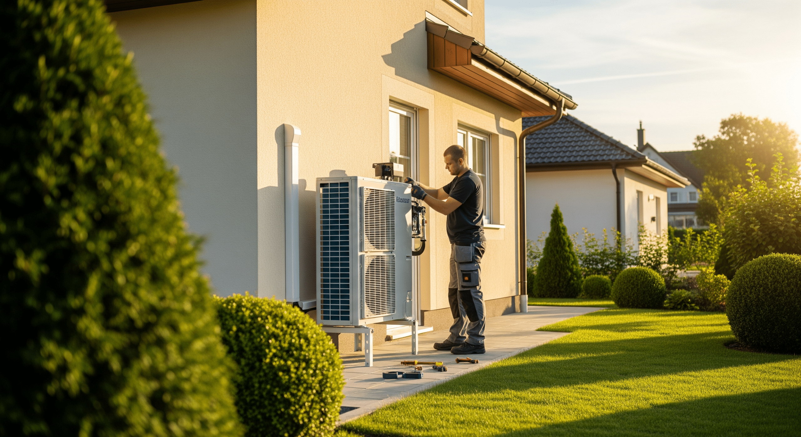 Installation einer modernen Wärmepumpe im Einfamilienhaus