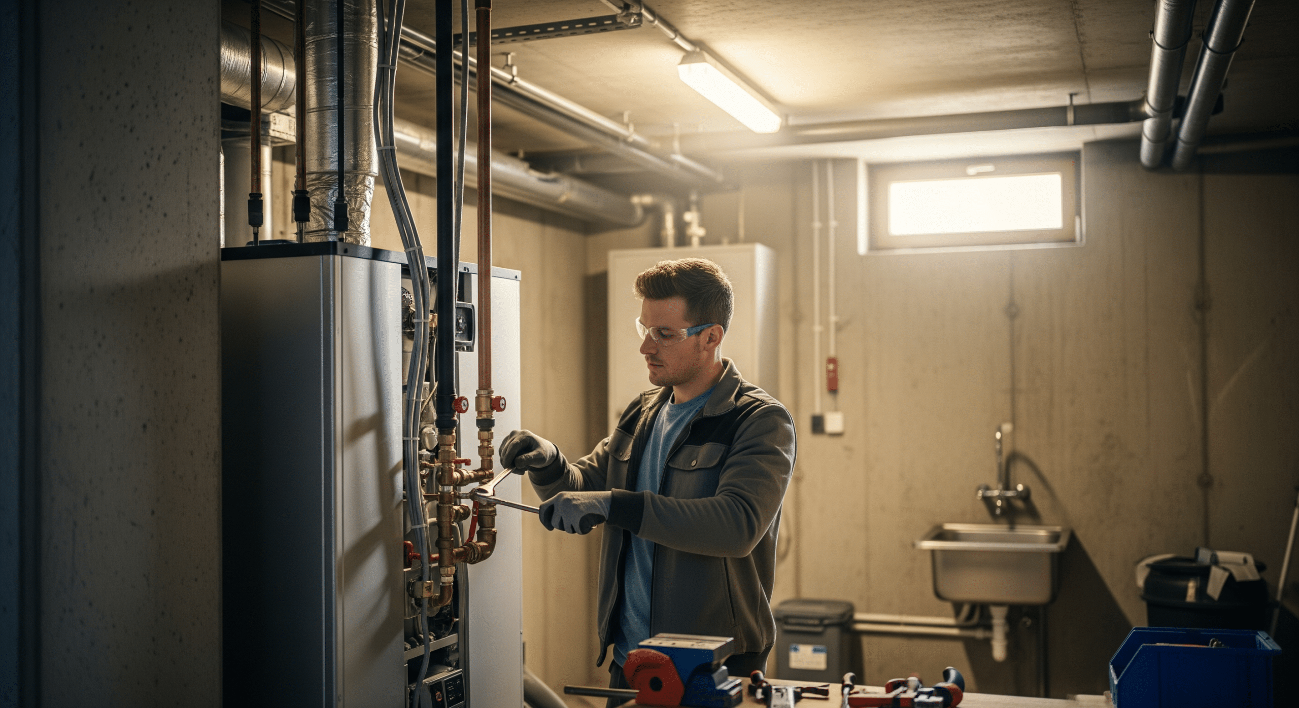 Techniker installiert eine moderne Wärmepumpe im Keller eines Einfamilienhauses