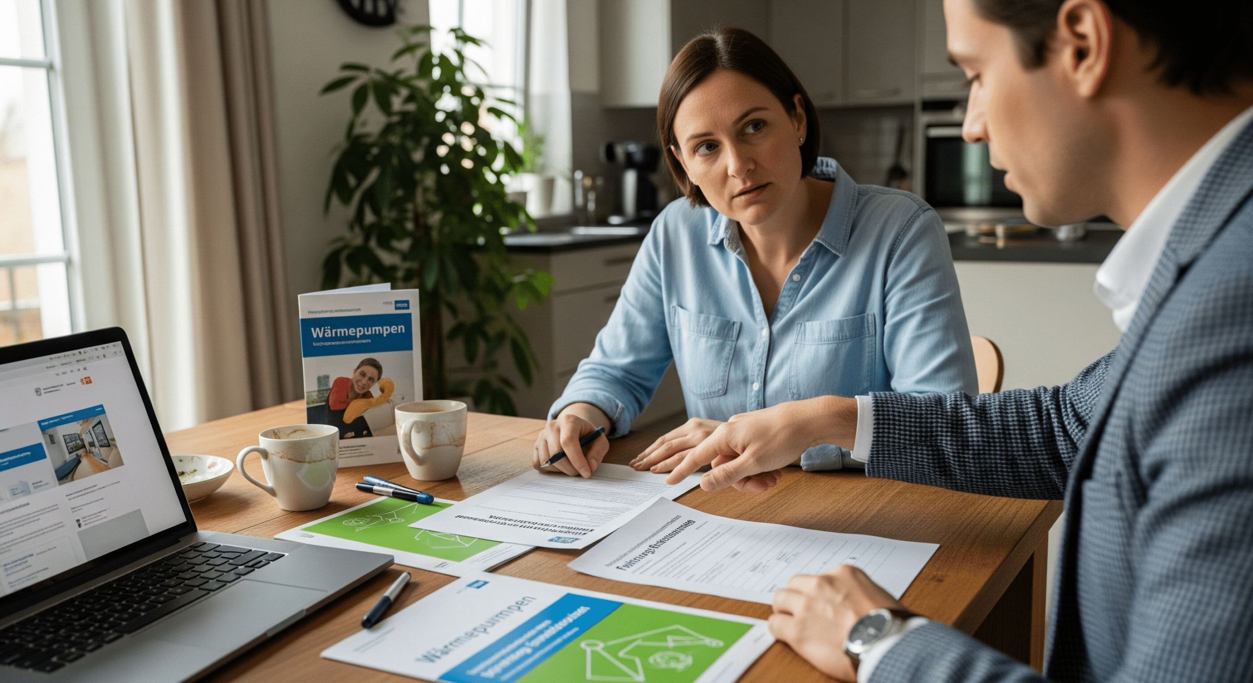 Hausbesitzer bespricht Förderunterlagen mit Energieberater am Küchentisch