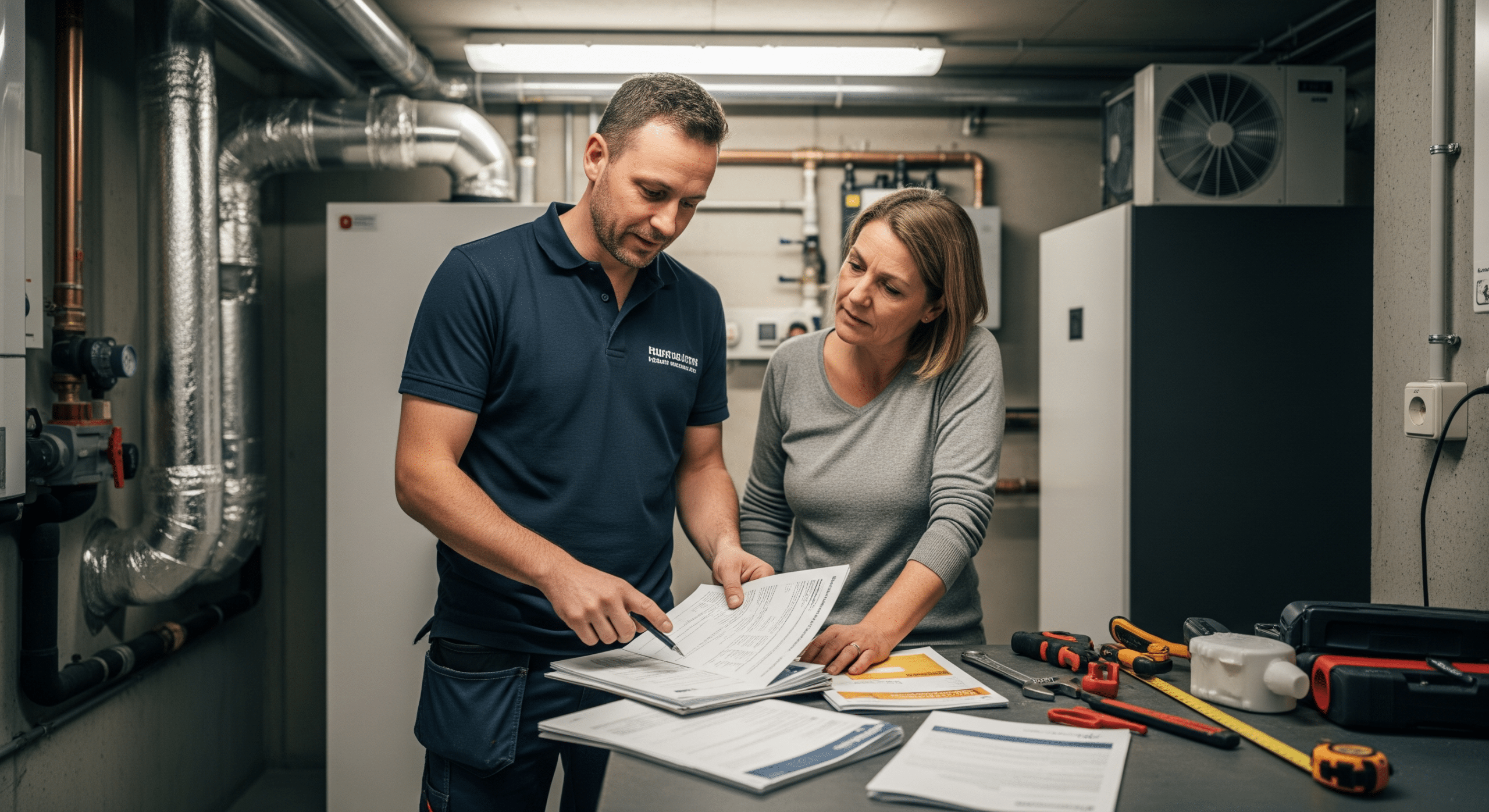Installateur erklärt Hauseigentümer die Unterlagen für Wärmepumpenförderung im Technikraum