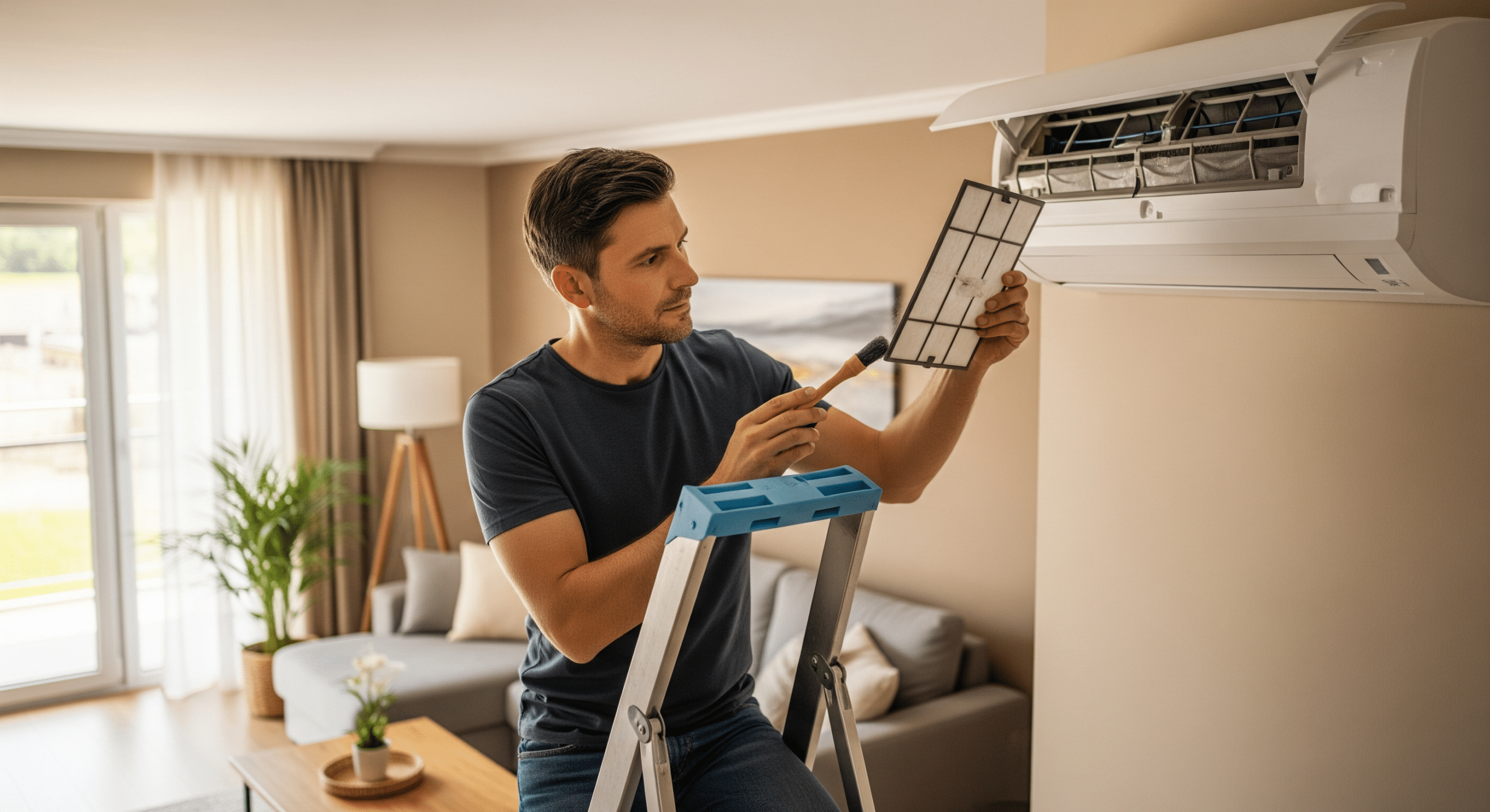 Hausbesitzer reinigt eigenständig den Filter einer Split-Klimaanlage im Wohnzimmer