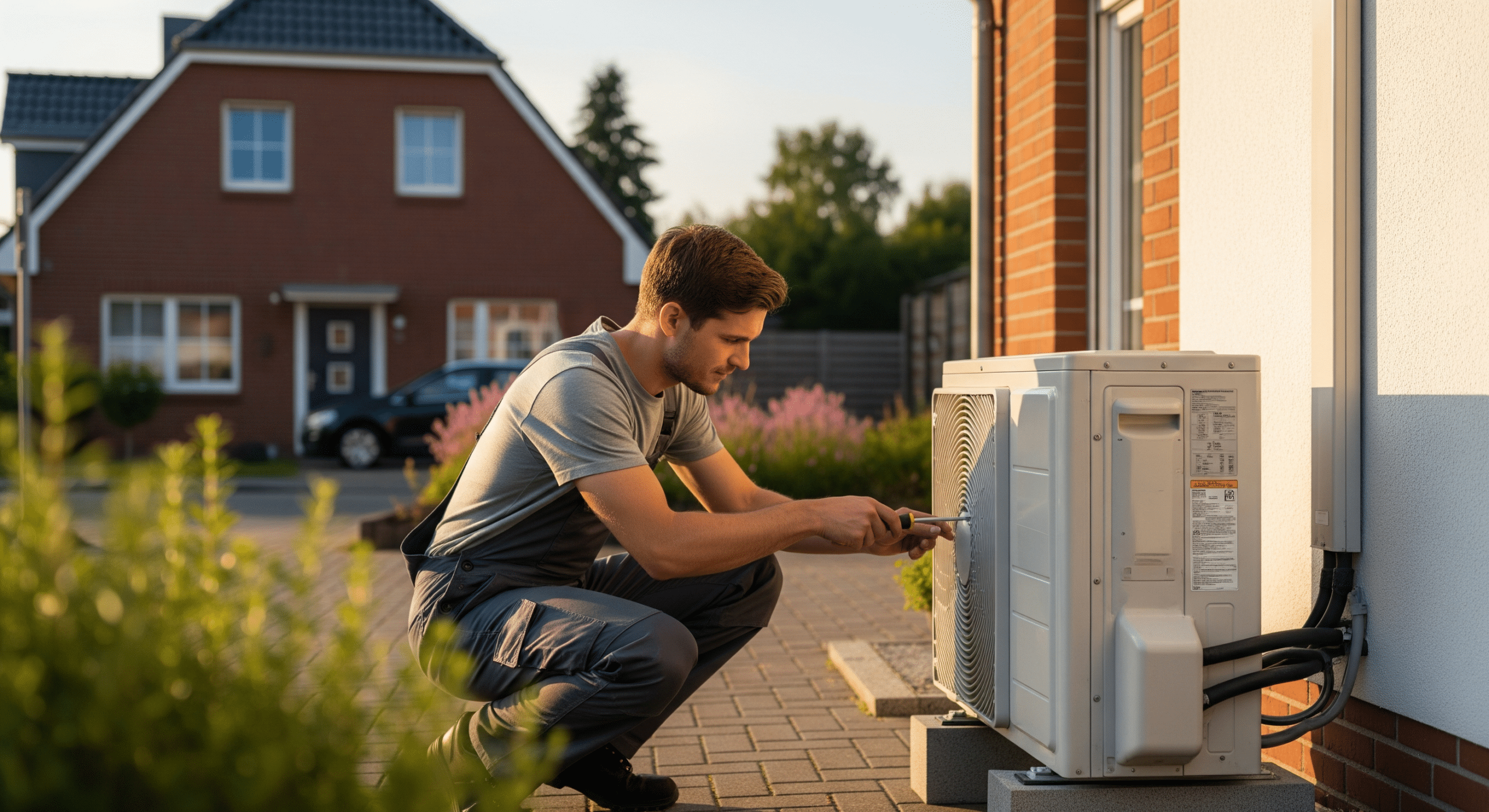 Techniker überprüft Außengerät einer Klimaanlage an einem Wohnhaus in Oldenburg