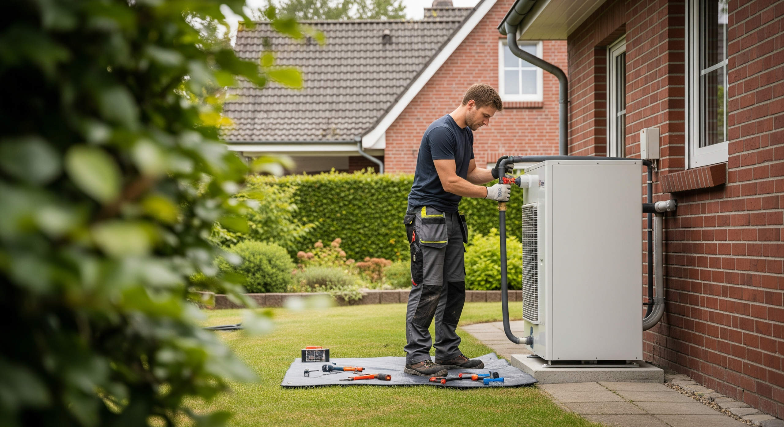 Installateur montiert eine moderne Luft-Wasser-Wärmepumpe im Garten eines Einfamilienhauses in Oldenburg