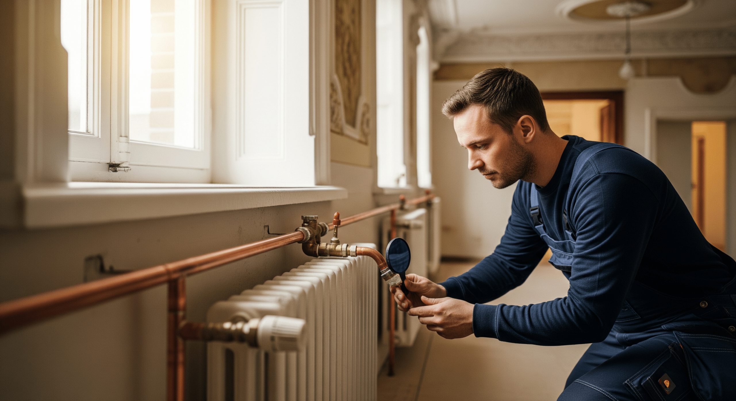 Techniker prüft Heizkörper und Rohrleitungen in einem sanierten Altbau in Oldenburg