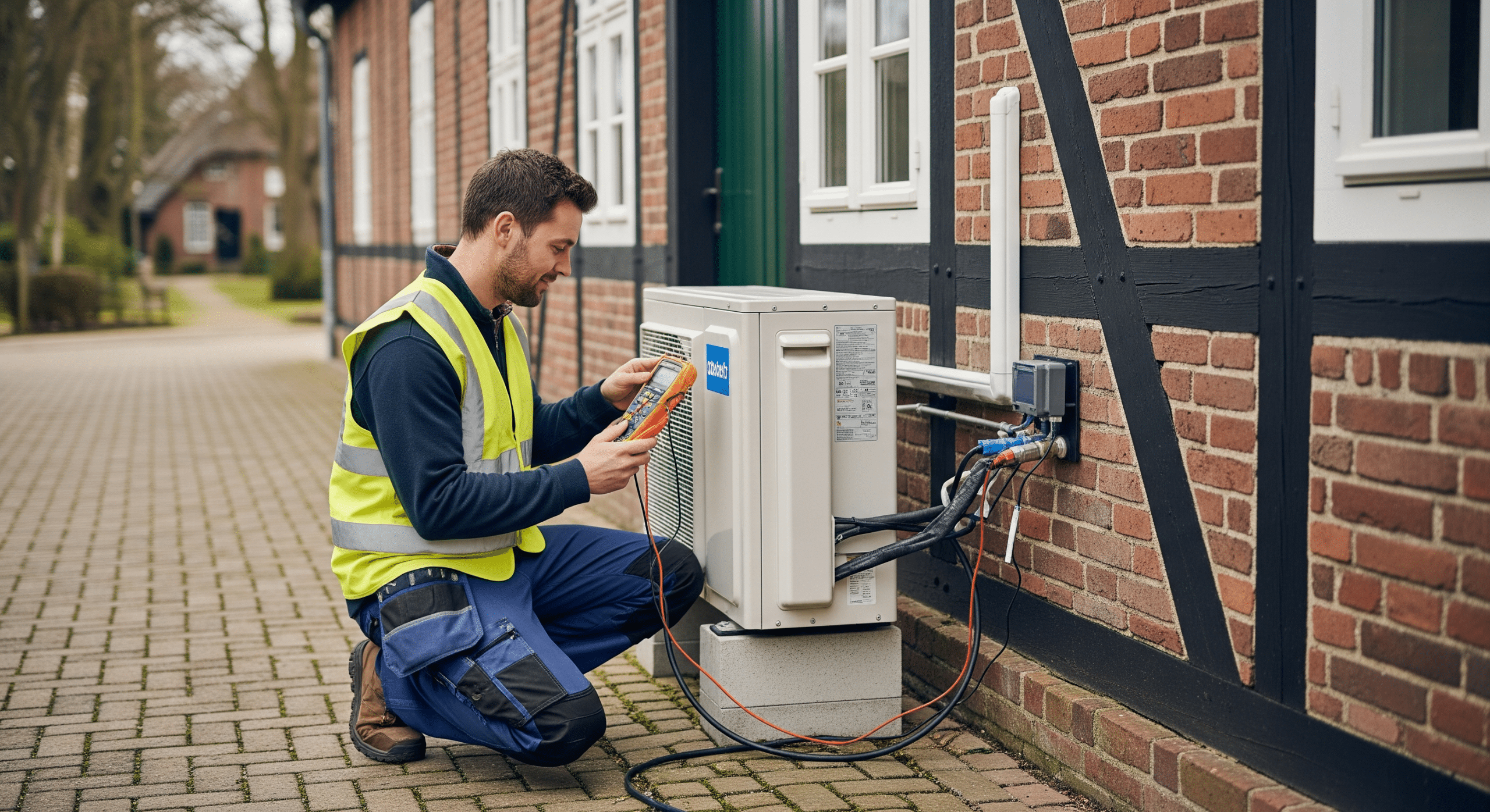 Installateur überprüft Wärmepumpe neben einem sanierten Altbau in Oldenburg