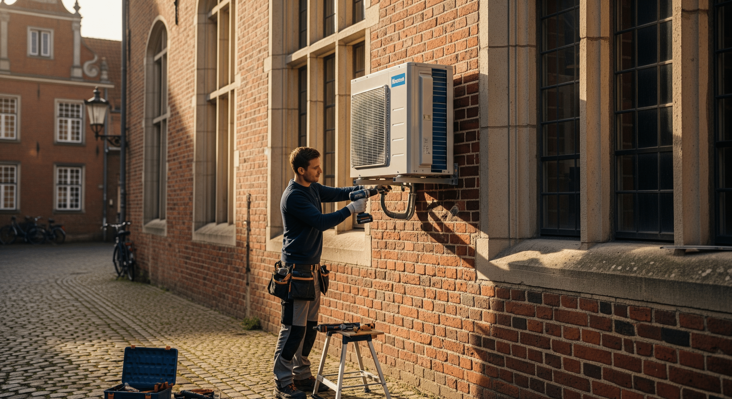 Installateur montiert moderne Wärmepumpe neben einem Altbauhaus in Oldenburg