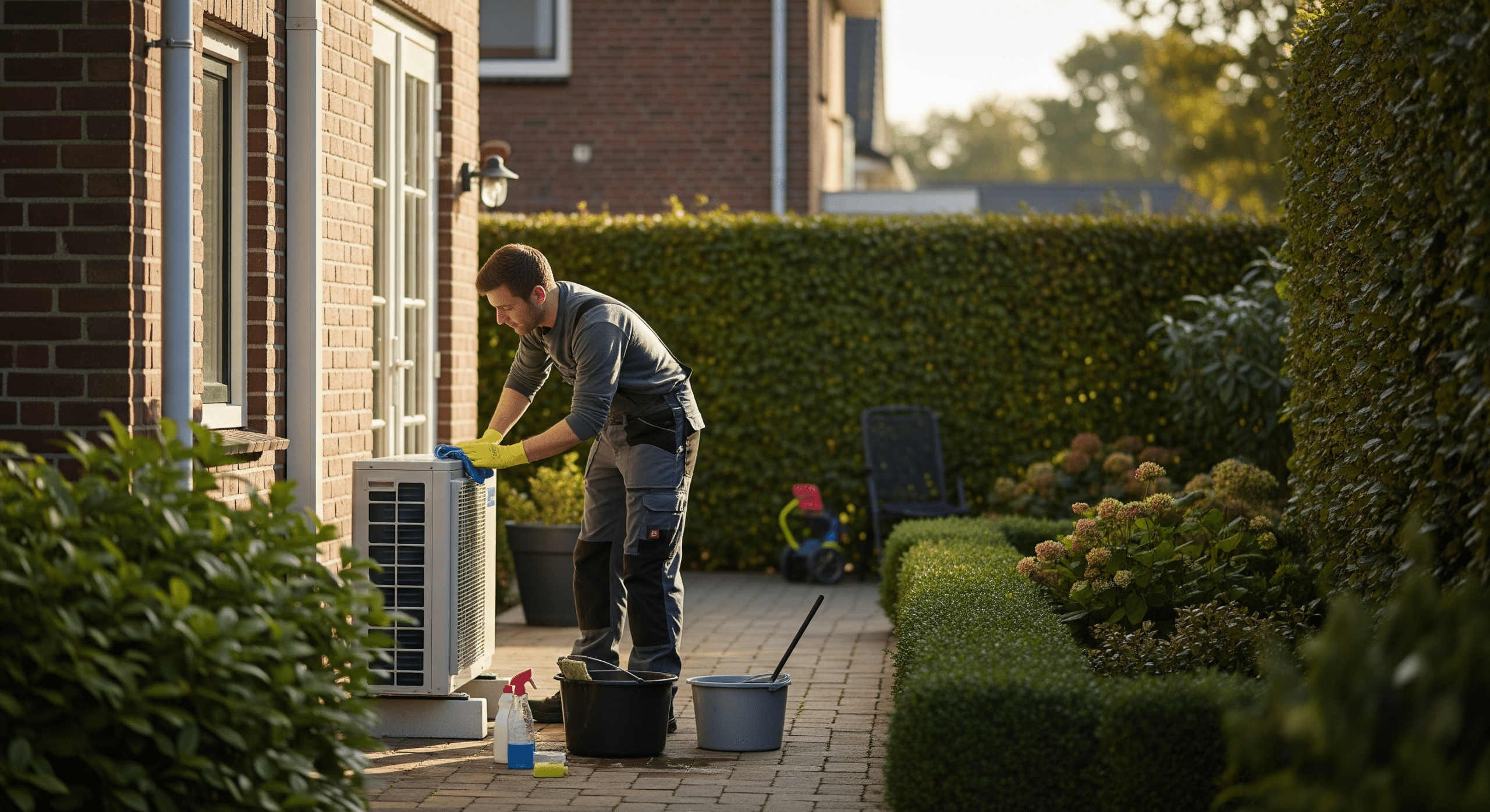 Hausbesitzer reinigt Außeneinheit einer Wärmepumpe im Gartenbereich