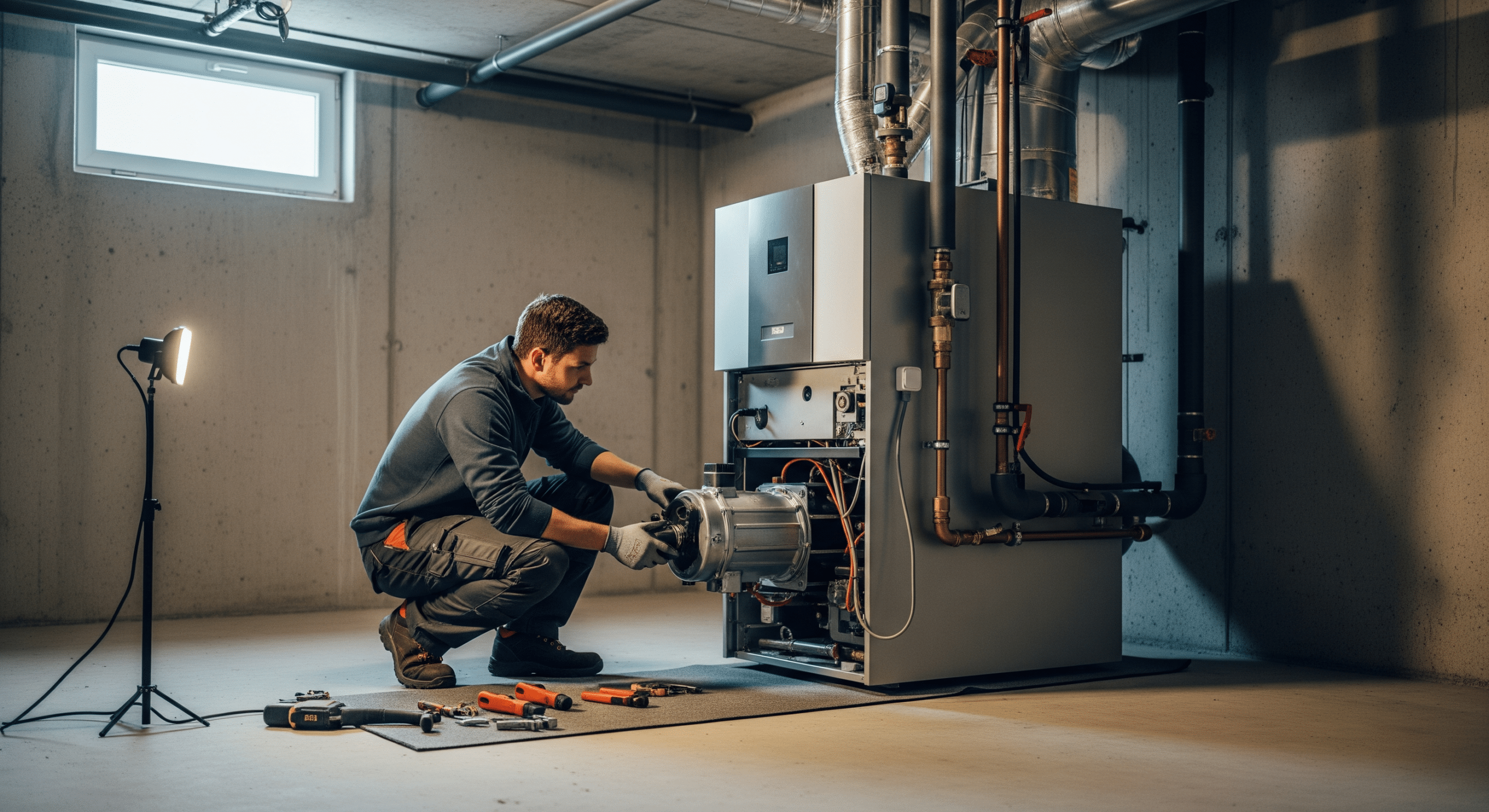 Servicetechniker prüft Wärmepumpe im Heizungskeller eines Einfamilienhauses