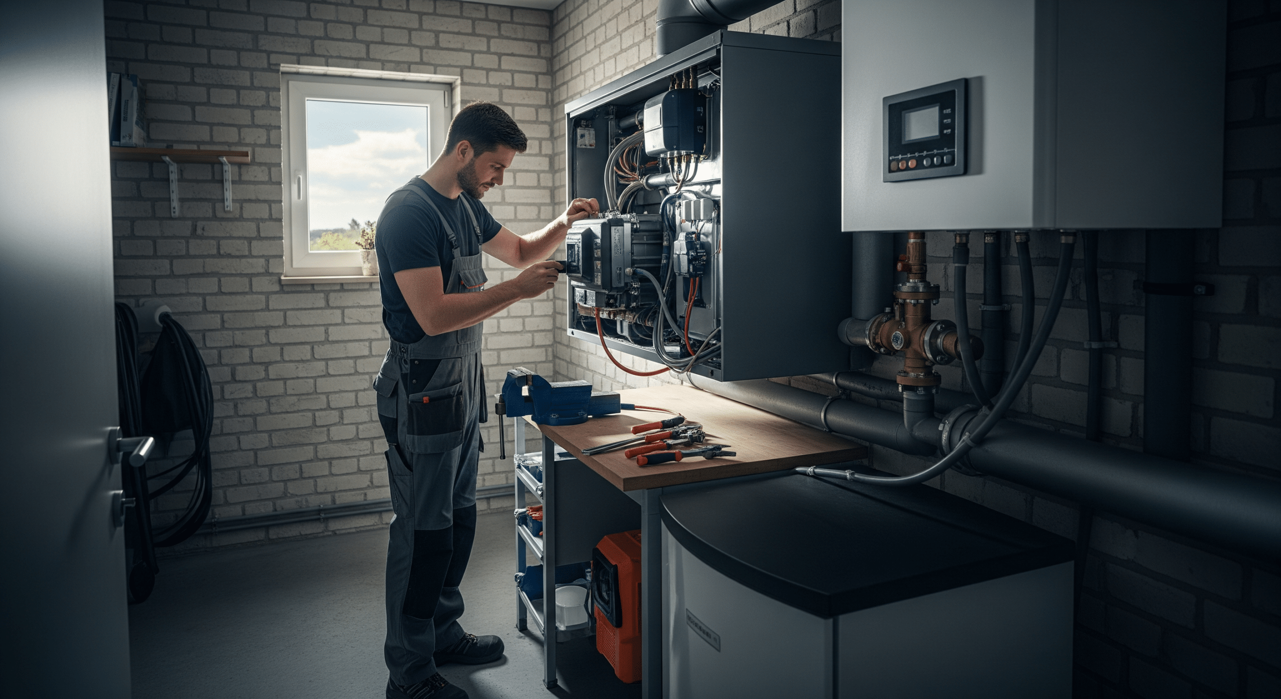 Fachbetrieb führt Wartung an einer modernen Wärmepumpe im Technikraum eines Einfamilienhauses durch