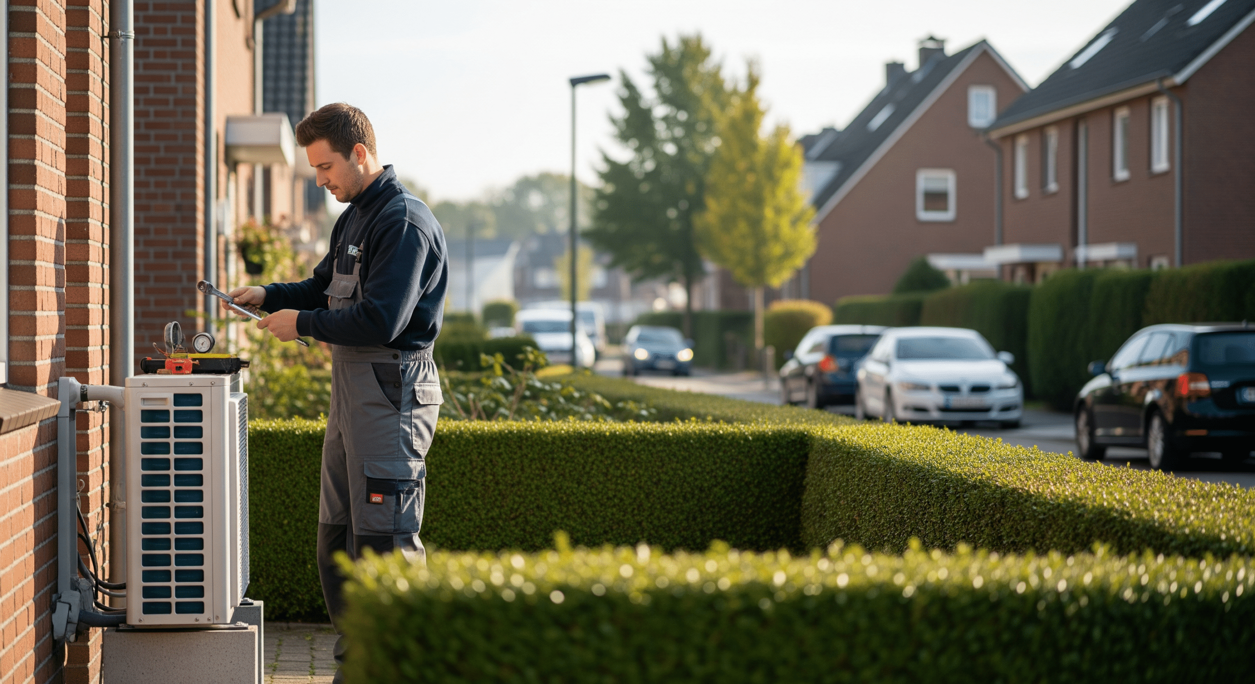 Techniker überprüft Außeneinheit einer Wärmepumpe in einem Wohngebiet in Oldenburg
