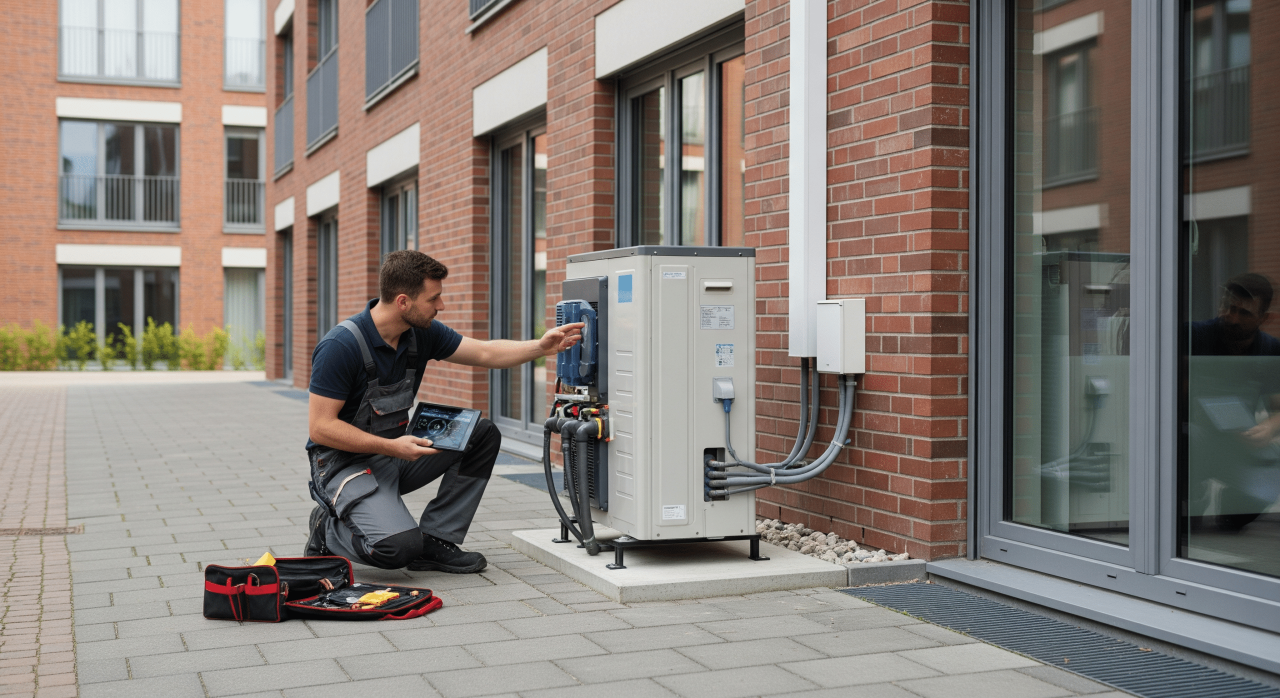 Servicetechniker überprüft Außeneinheit einer Wärmepumpe in einem Wohngebiet in Oldenburg