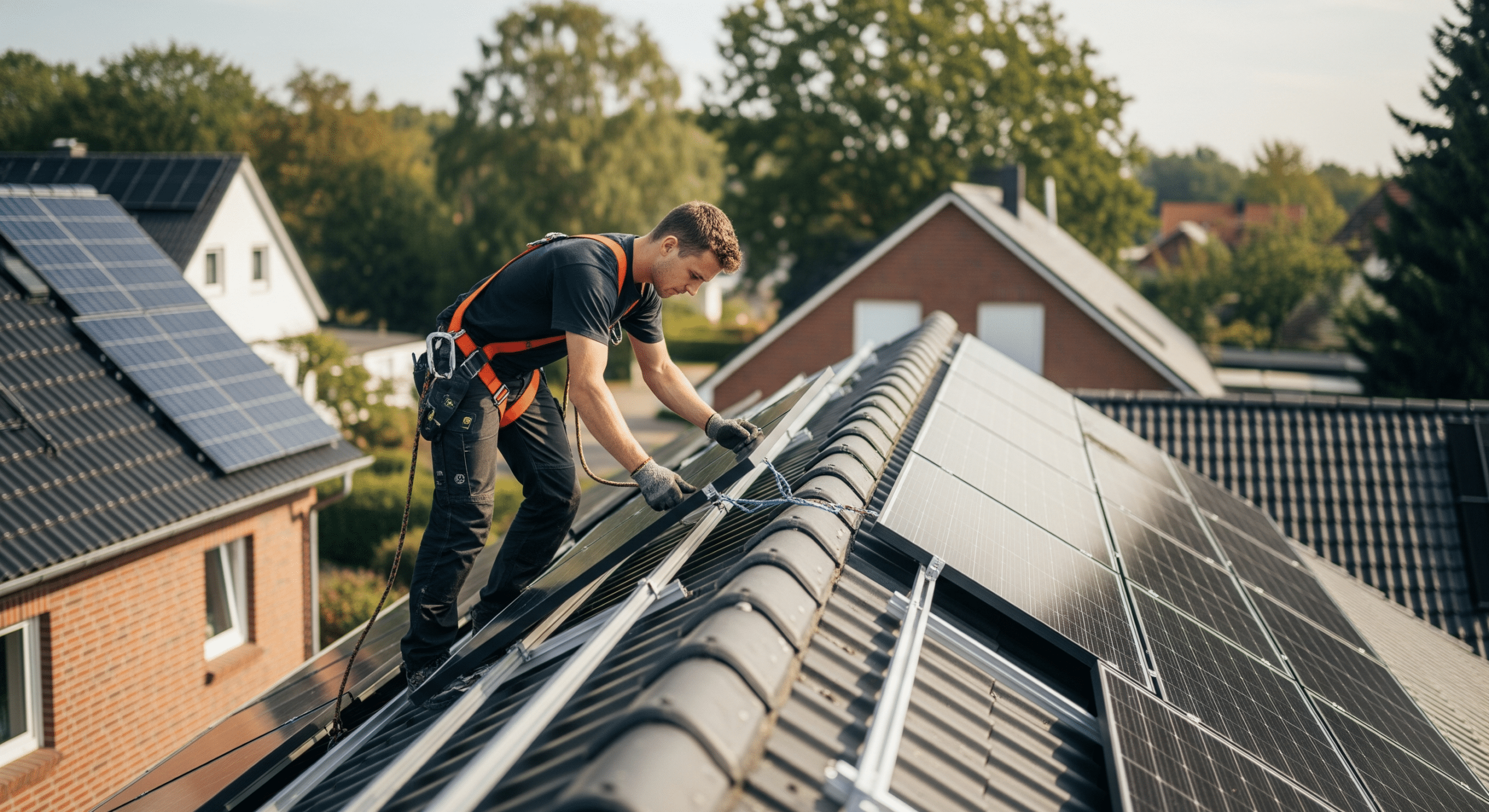 Installateur montiert Photovoltaikmodule auf einem Einfamilienhausdach in Oldenburg