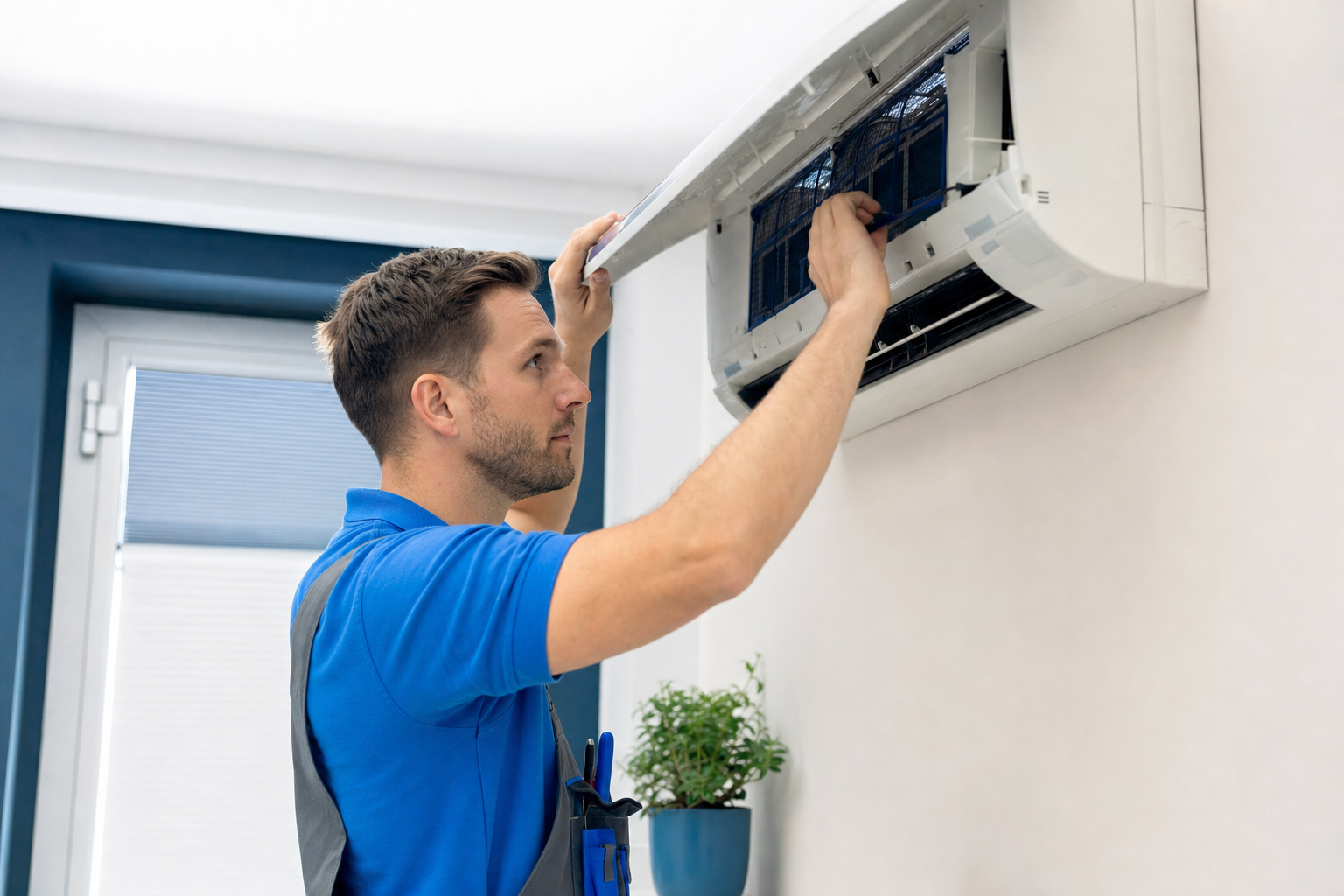 Fachmann überprüft Innengerät einer Klimaanlage im Wohnzimmer bei Wartung