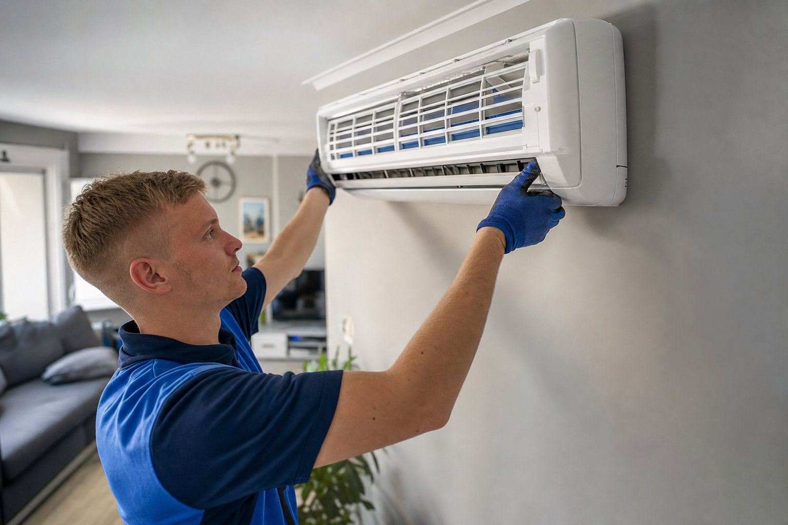 Techniker installiert eine moderne split klimaanlage im Wohnzimmer einer Familie