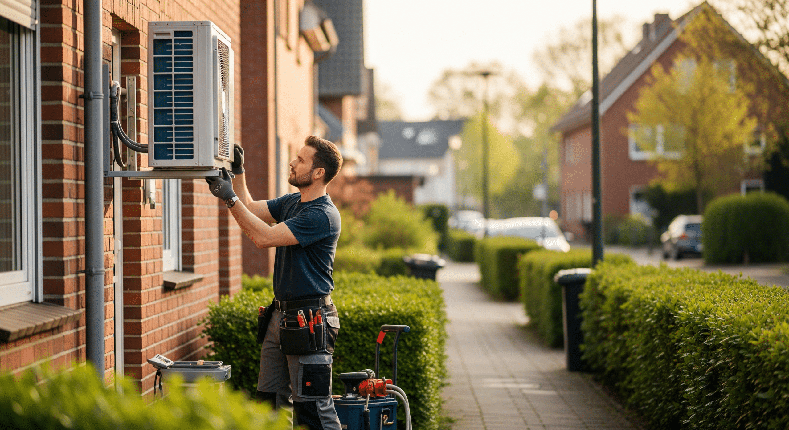 Techniker installiert Außeneinheit einer Wärmepumpe an einem Haus in Oldenburg