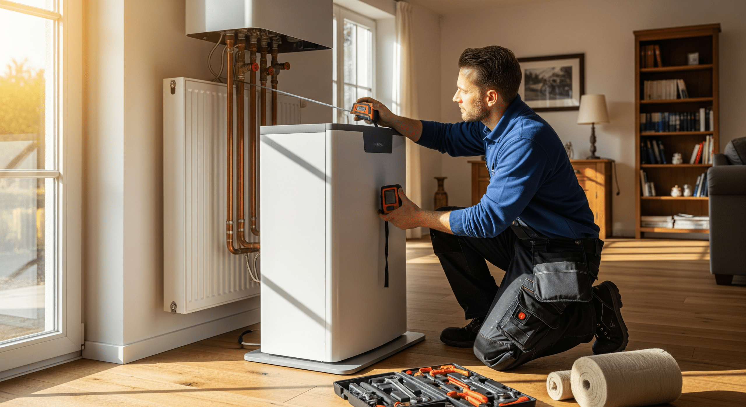 Installateur misst Heizsystem in einem Einfamilienhaus in Oldenburg