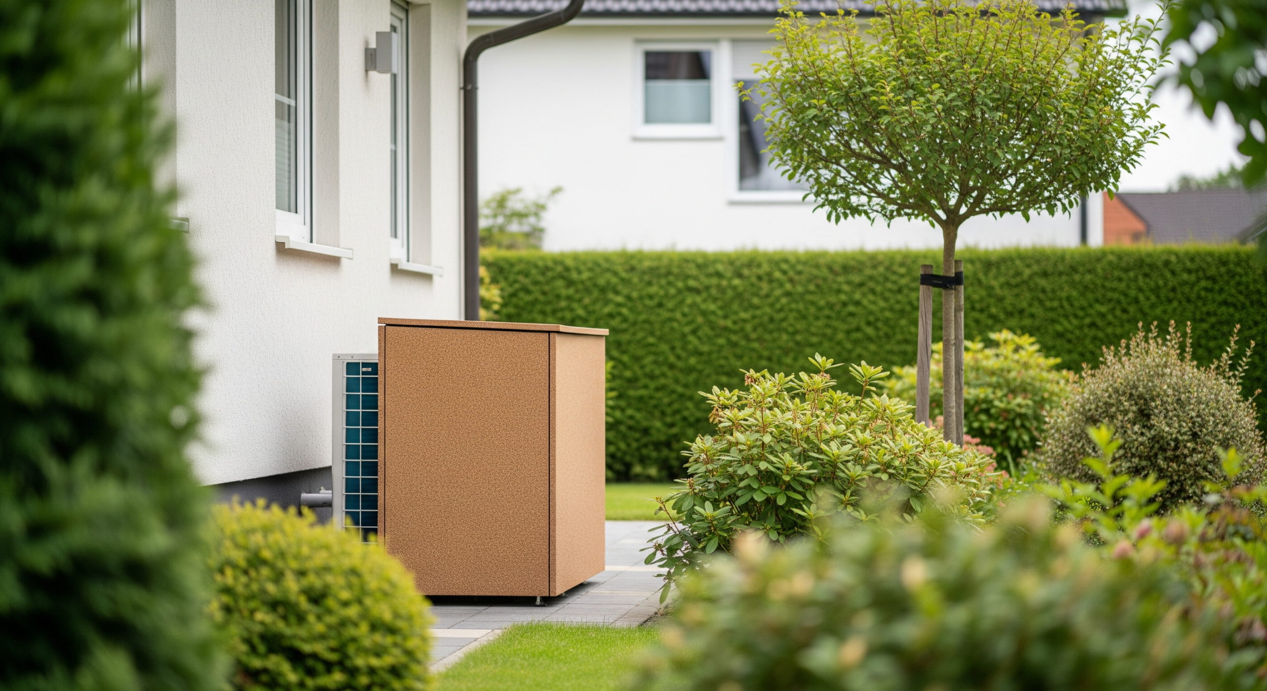 Außeneinheit einer Wärmepumpe im Garten neben Einfamilienhaus mit Schallschutzhaube