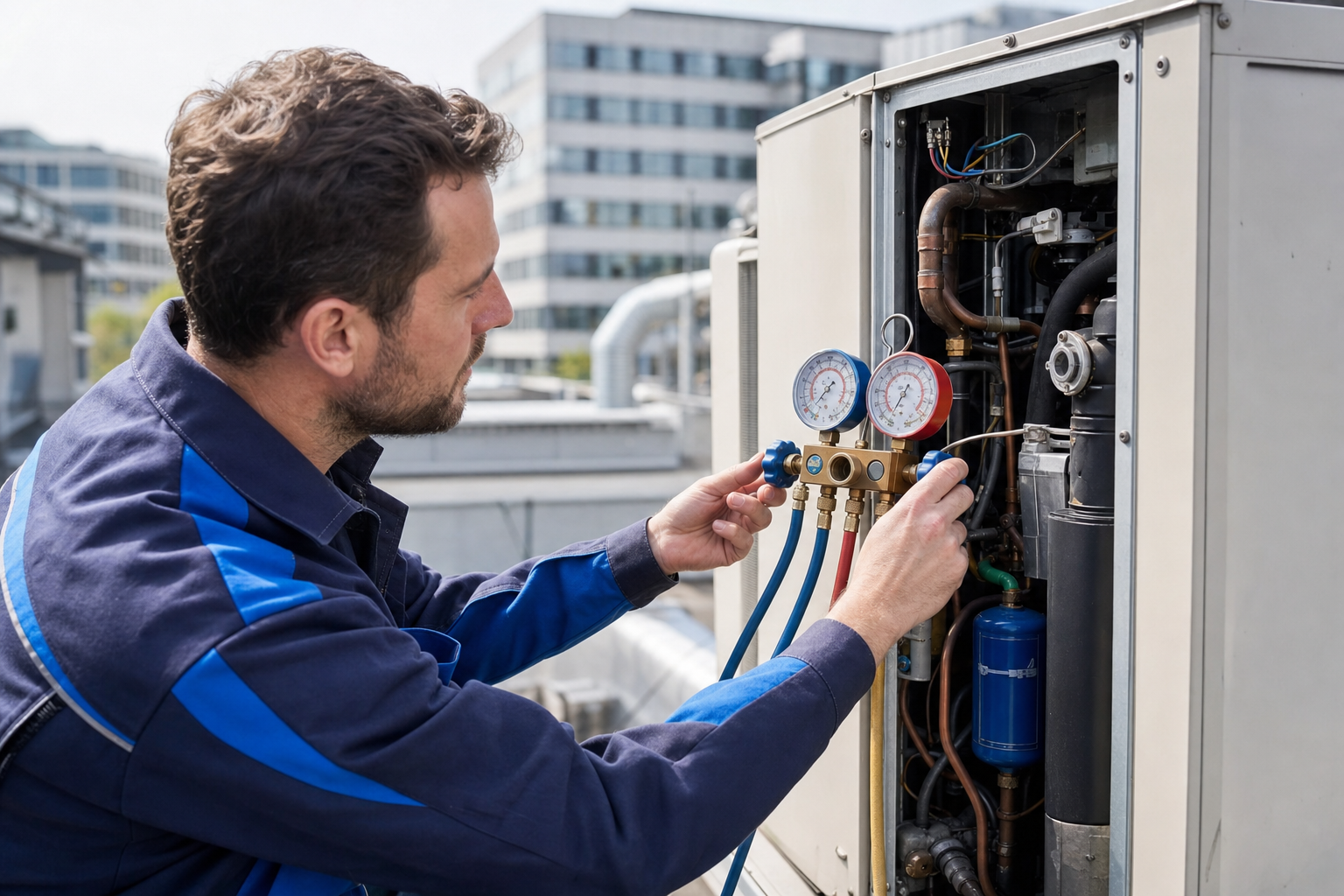 Fachtechniker überprüft Kältemittel einer Klimaanlage in einem Bürogebäude