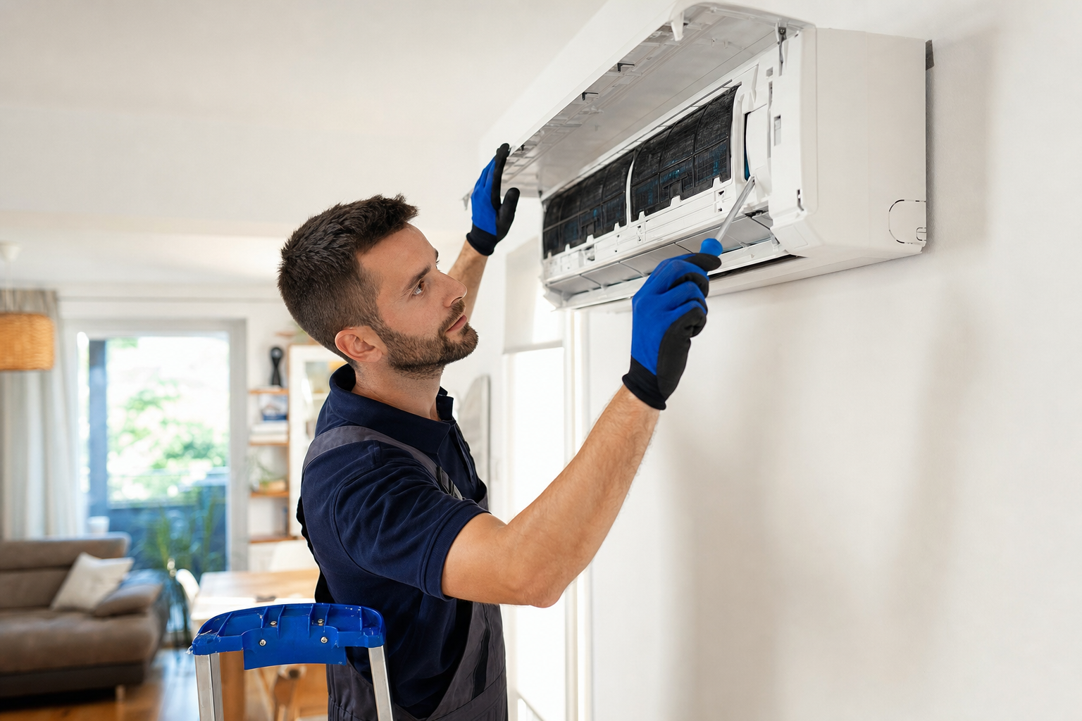 Techniker prüft Klimaanlage in einem Wohnzimmer während der Wartung