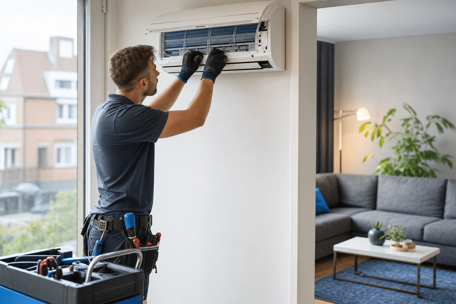 Techniker wartet Klimaanlage in einem modernen Wohnzimmer in Oldenburg