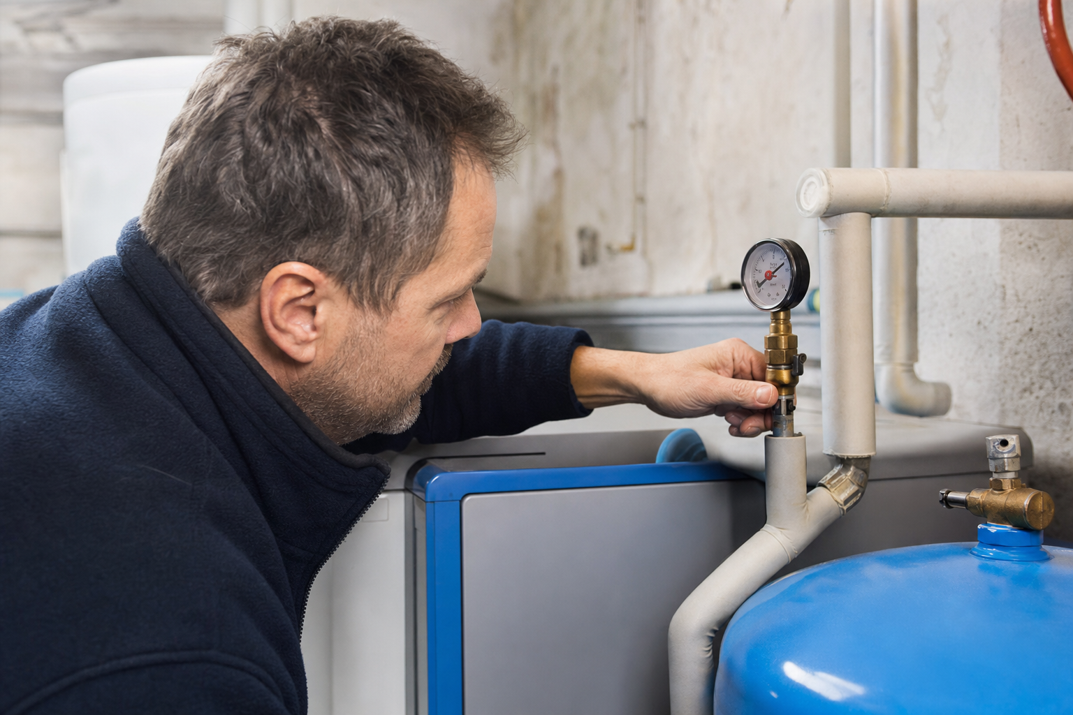 Hausbesitzer prüft Heizungsdruck am Manometer im Keller