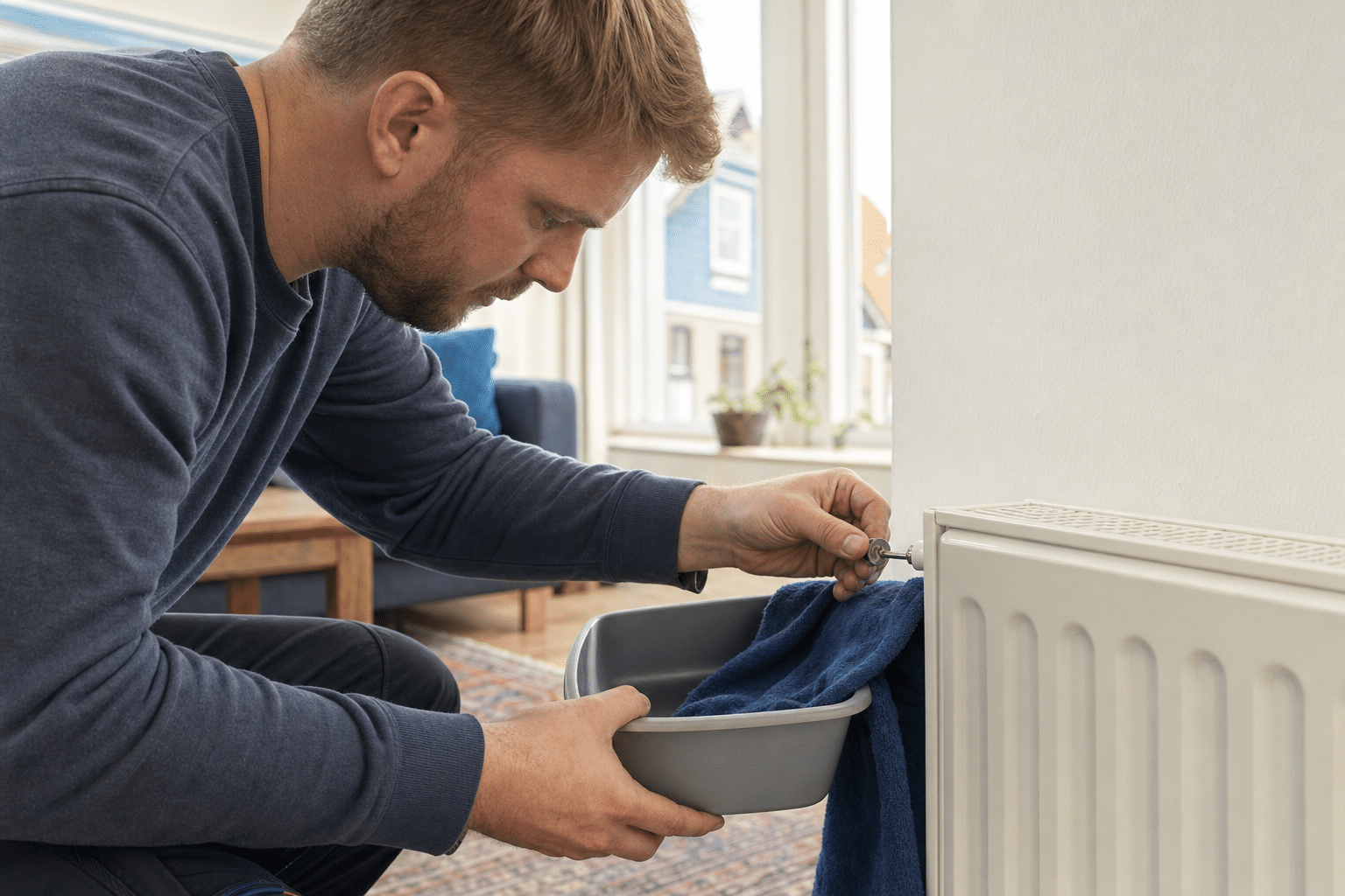 Person öffnet Heizkörperventil mit Entlüftungsschlüssel im Wohnzimmer