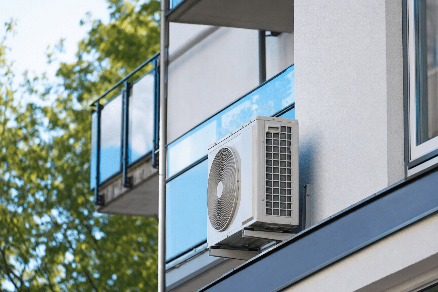 Außengerät einer Split-Klimaanlage an einem Mehrfamilienhaus im Sommer