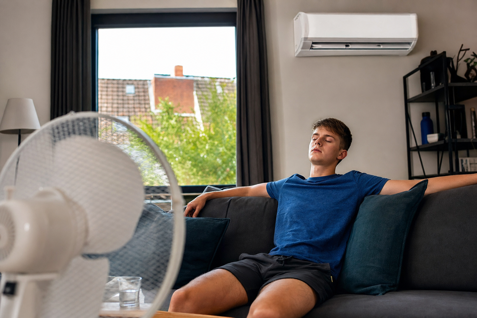 Junge Person sitzt entspannt vor Ventilator im abgedunkelten Wohnzimmer während Sommerhitze