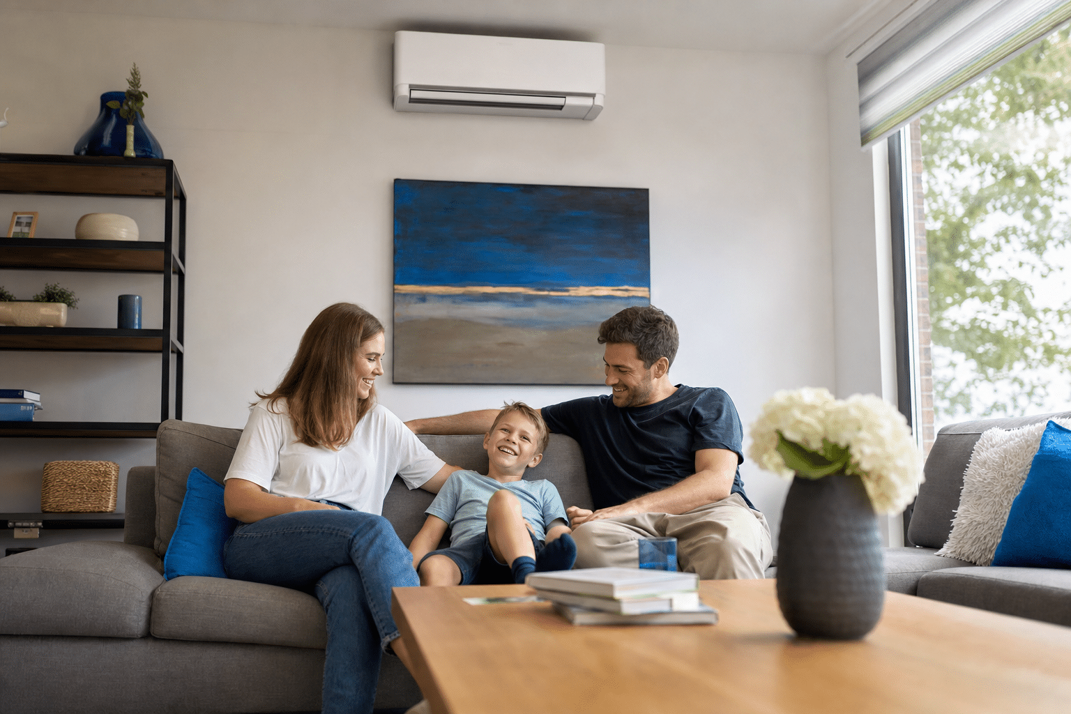 Familie entspannt sich in einem modern gekühlten Wohnzimmer mit Klimaanlage