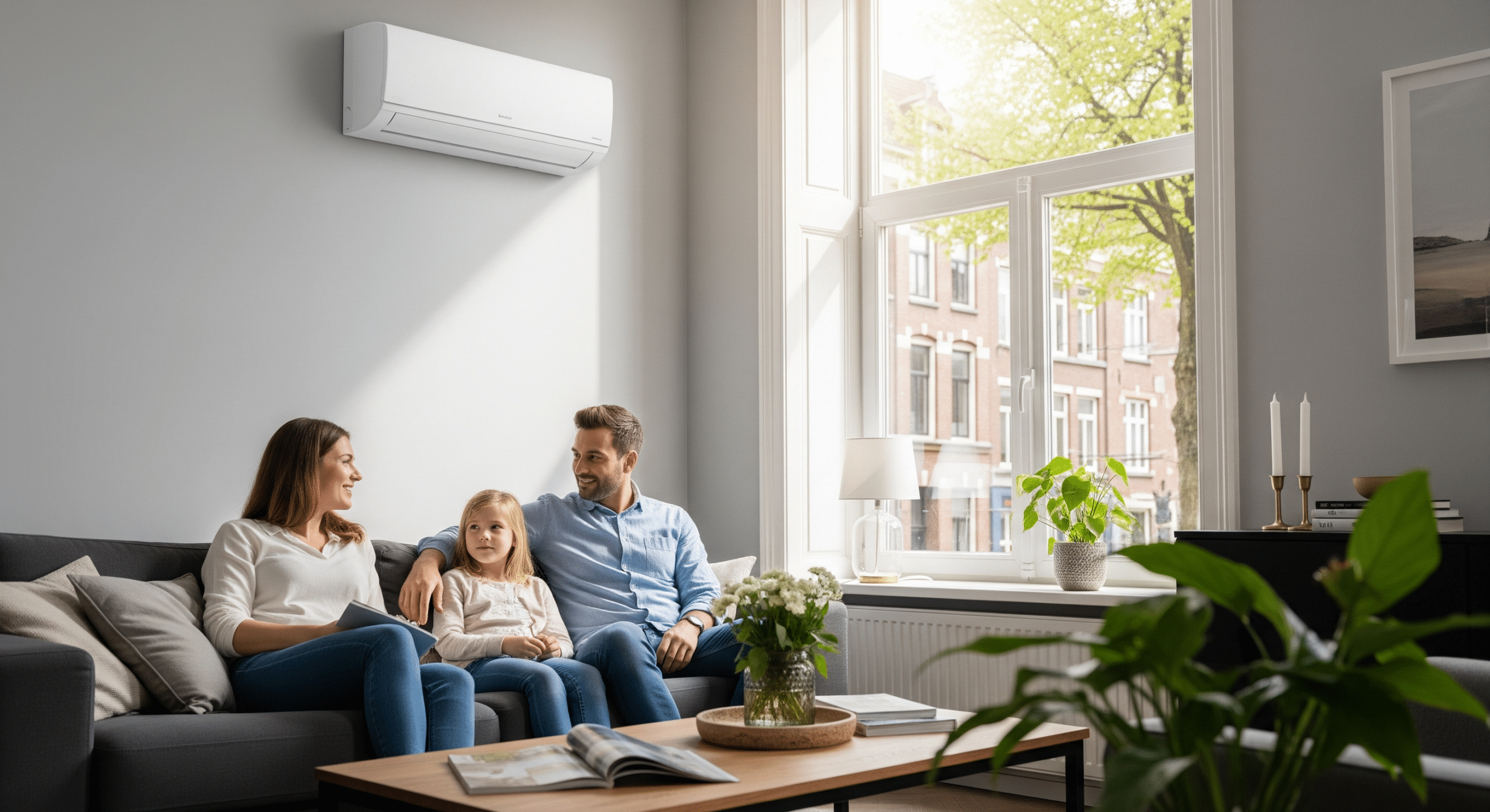 Moderne Split-Klimaanlage im Wohnzimmer einer Wohnung mit sitzender Familie