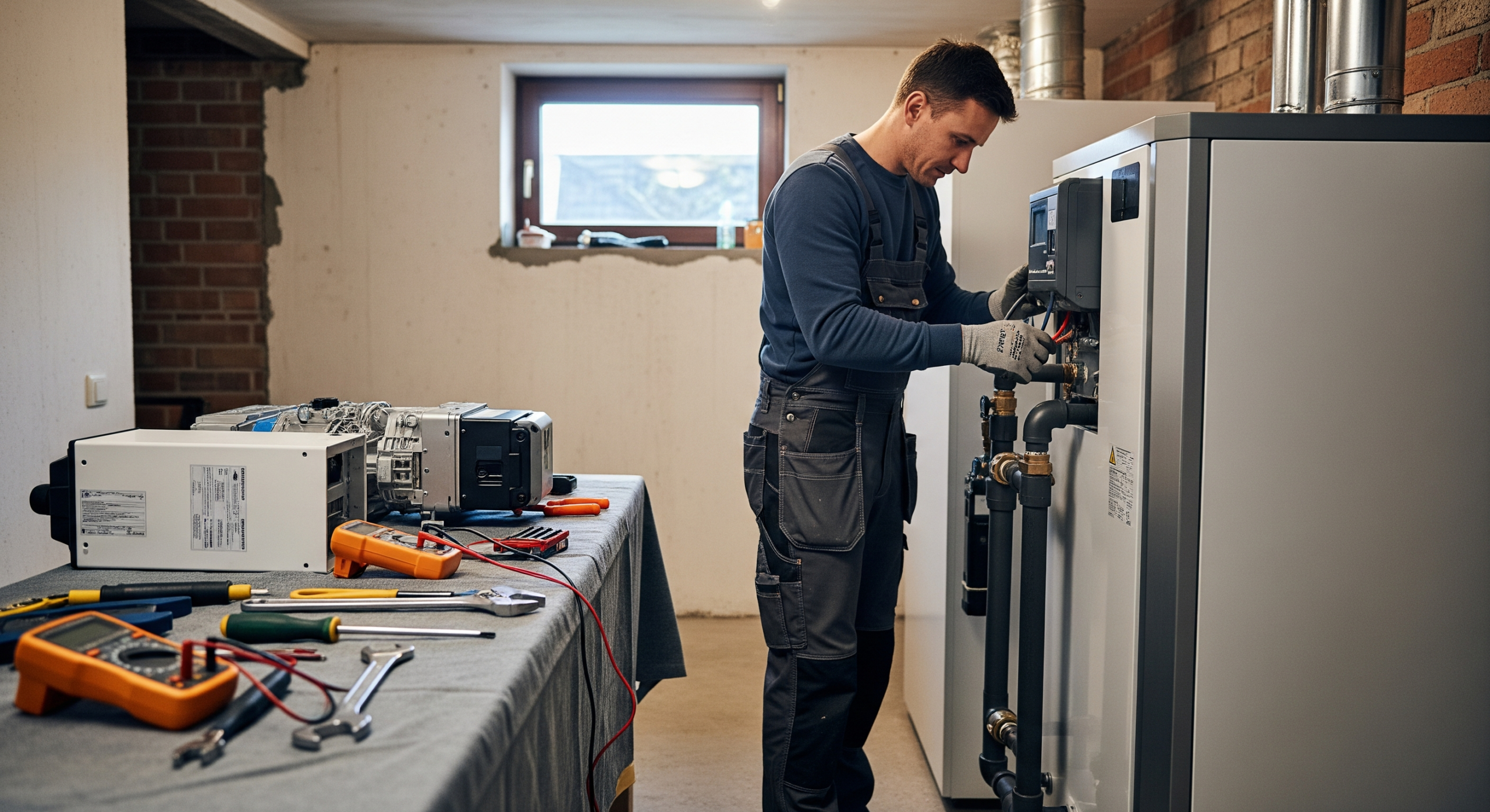 Installateur installiert eine moderne Wärmepumpe im Einfamilienhaus mit Werkzeug und Technikmodulen