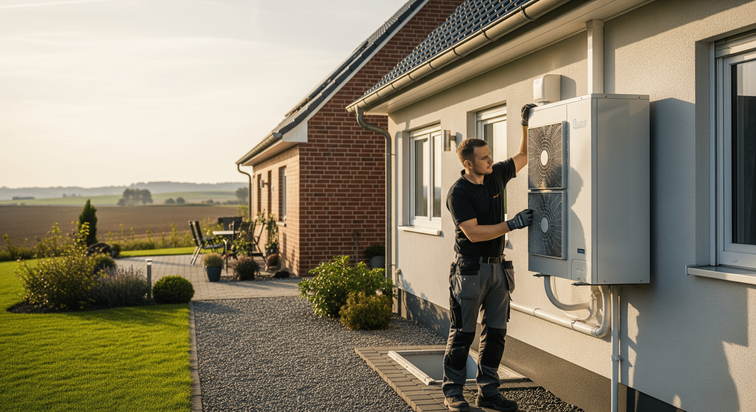 Installateur montiert moderne Luft-Wasser-Wärmepumpe neben Einfamilienhaus im ländlichen Niedersachsen