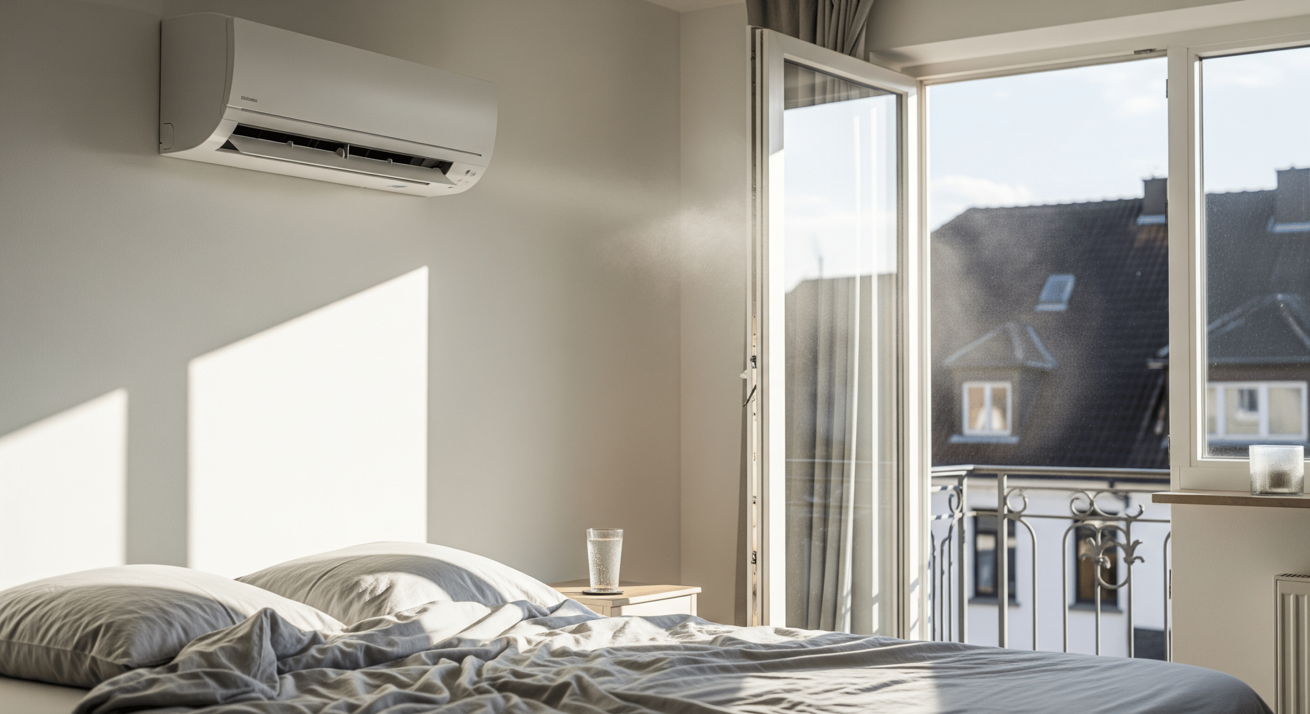 Moderne Split-Klimaanlage in einem hellen Schlafzimmer während des Betriebs im Sommer