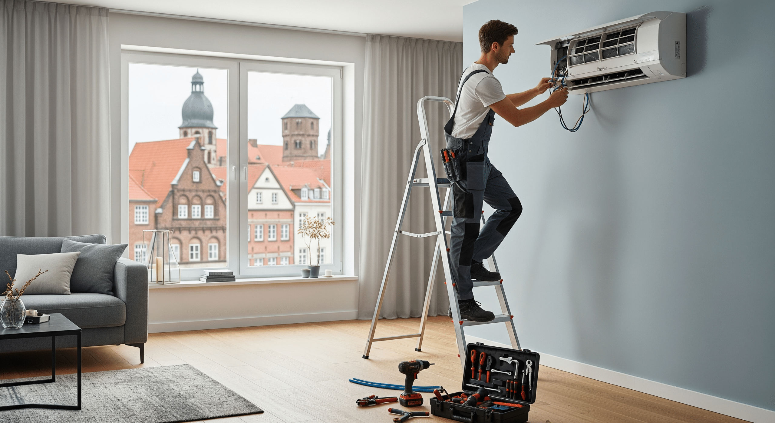 Techniker montiert eine Split-Klimaanlage an der Innenwand eines Wohnzimmers in Oldenburg