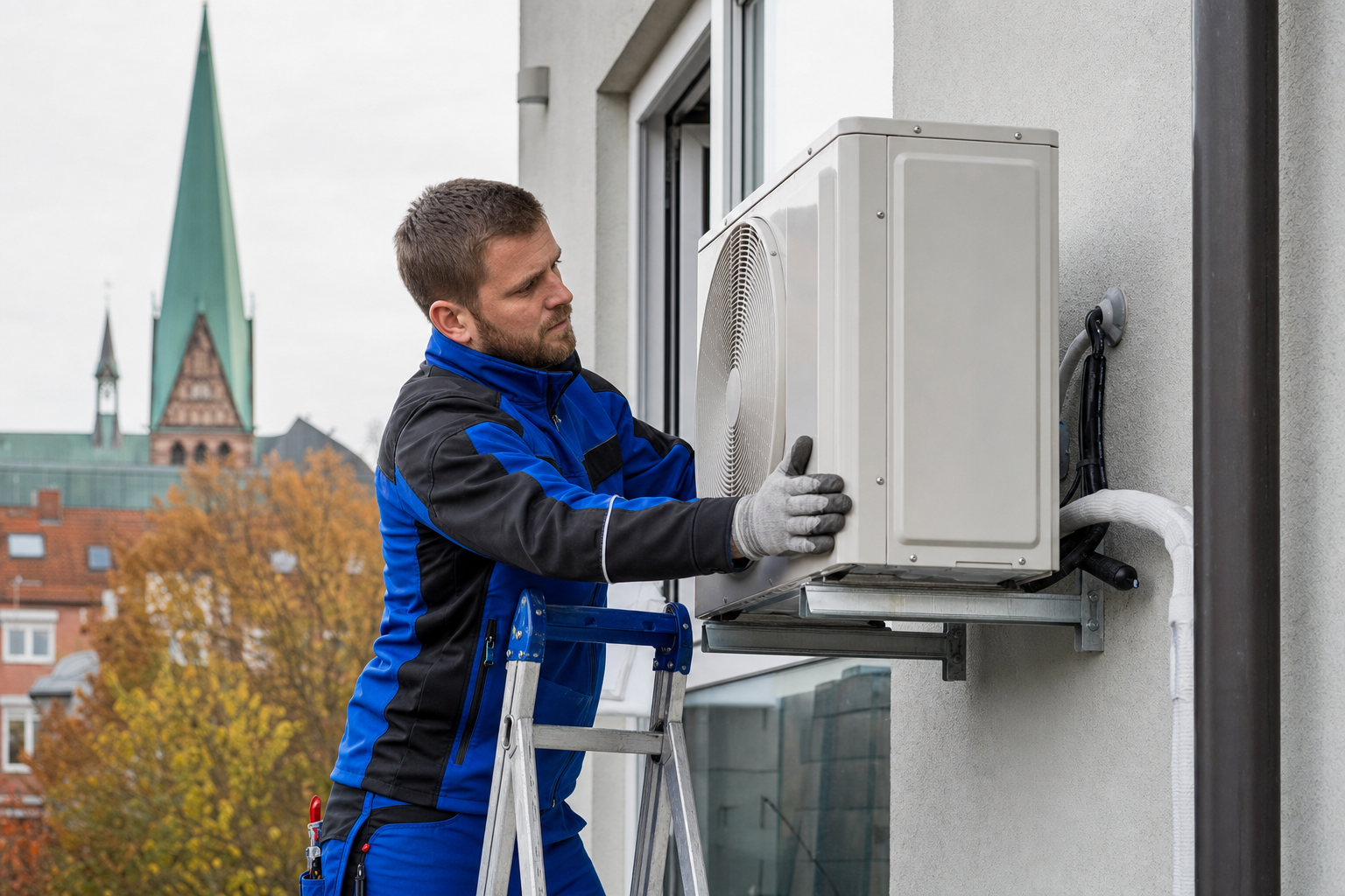 Fachbetrieb montiert Außengerät einer Klimaanlage an Hausfassade in Oldenburg