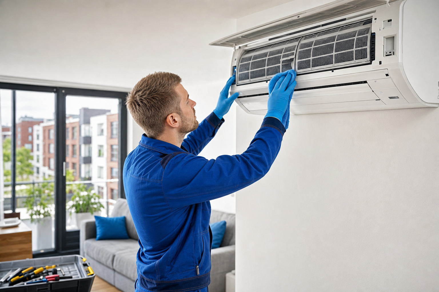 Vor dem Einbau gut planen: klimaanlage für wohnung oldenburg einbau verständlich erklärt – Kosten, Ablauf und Optionen 3 Techniker reinigt eine Klimaanlage in einer modernen Oldenburger Wohnung während einer Wartung