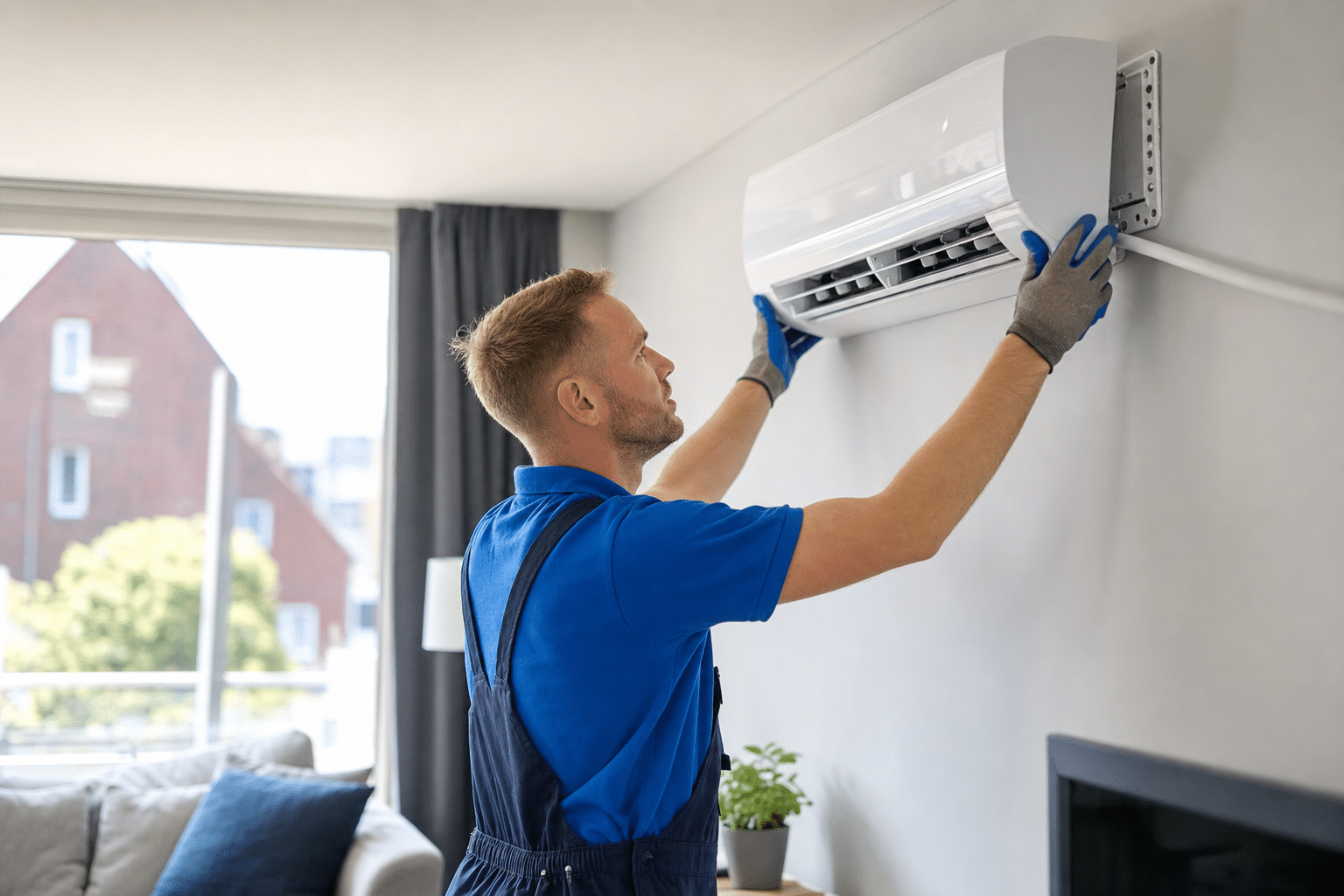 Techniker installiert Split-Klimaanlage an einer Wohnzimmerwand in Oldenburg