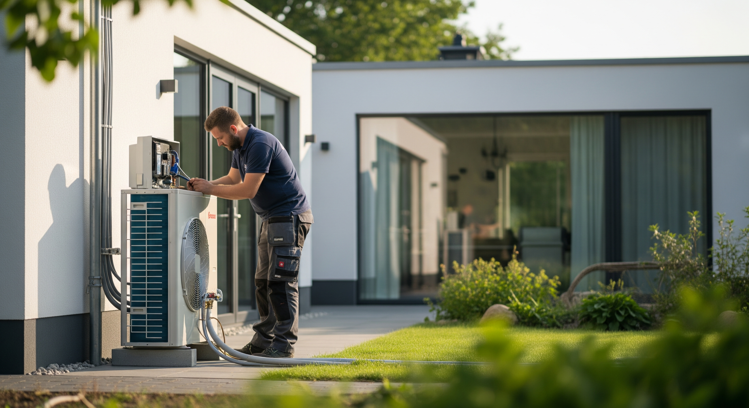 Techniker installiert Außeneinheit einer Luft-Wasser-Wärmepumpe neben modernem Wohnhaus in Oldenburg