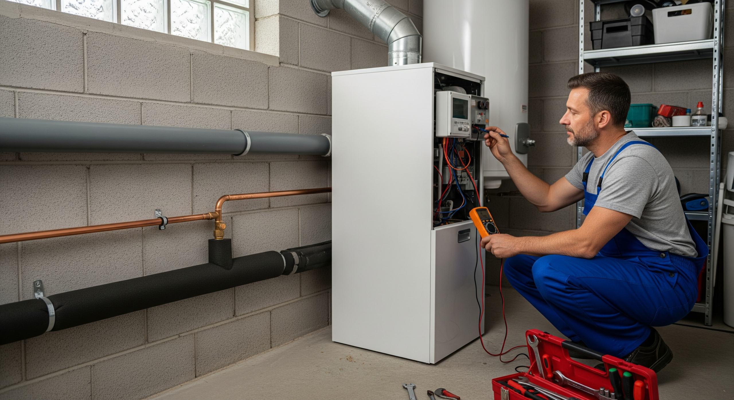 Monteur überprüft Rohrleitungen und Anschlüsse einer Wärmepumpe im Technikraum eines Einfamilienhauses