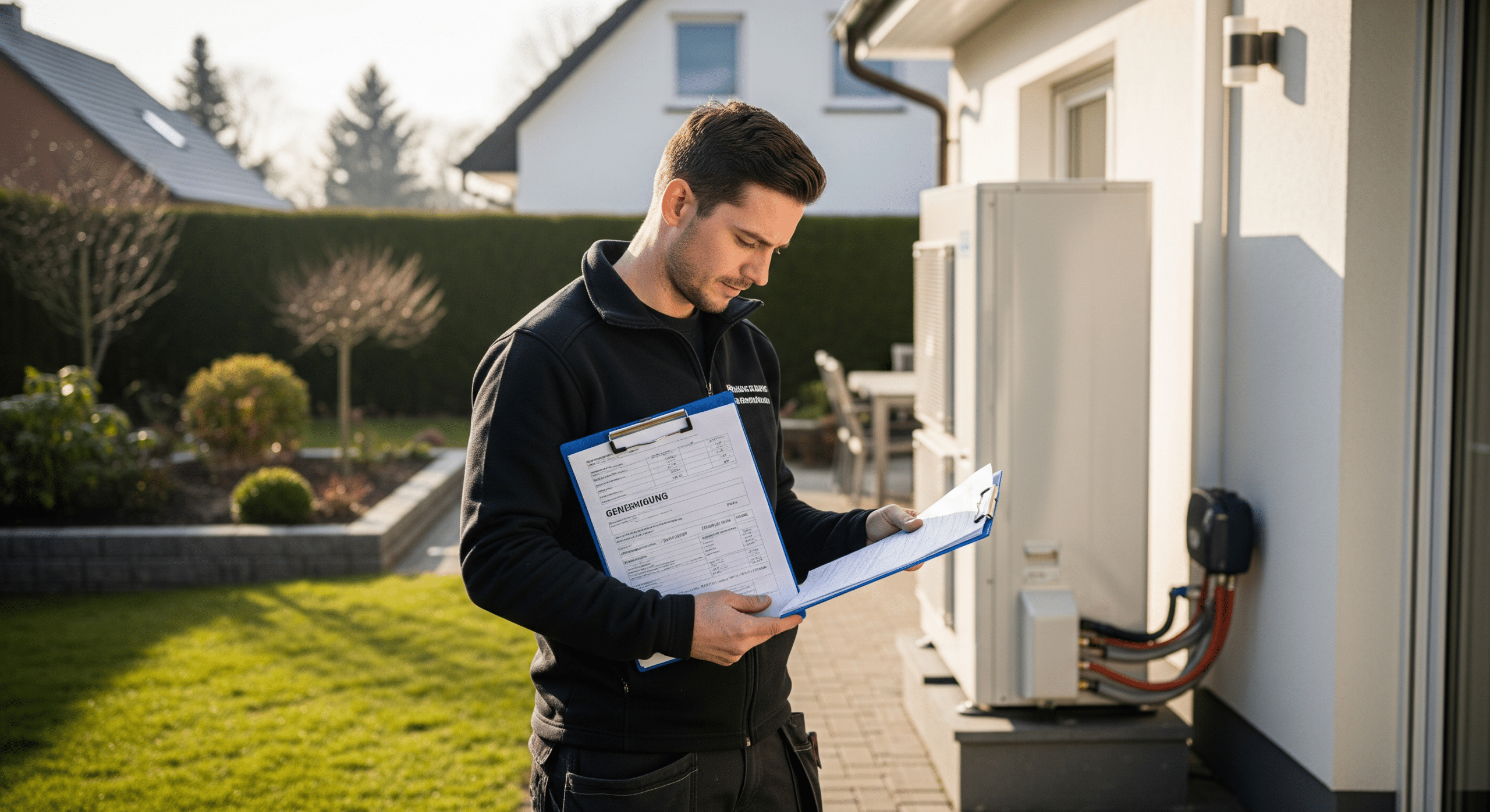 Installateur prüft Genehmigungsunterlagen neben Wärmepumpeneinheit im Garten eines Einfamilienhauses