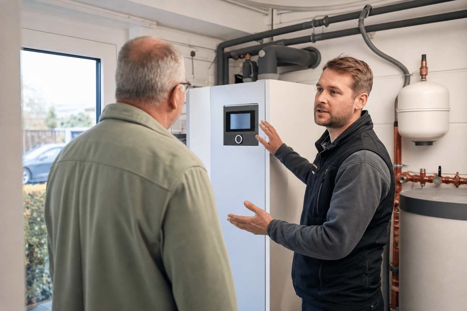 Installateur erklärt Hausbesitzerin die Bedienung einer modernen Wärmepumpe im Technikraum