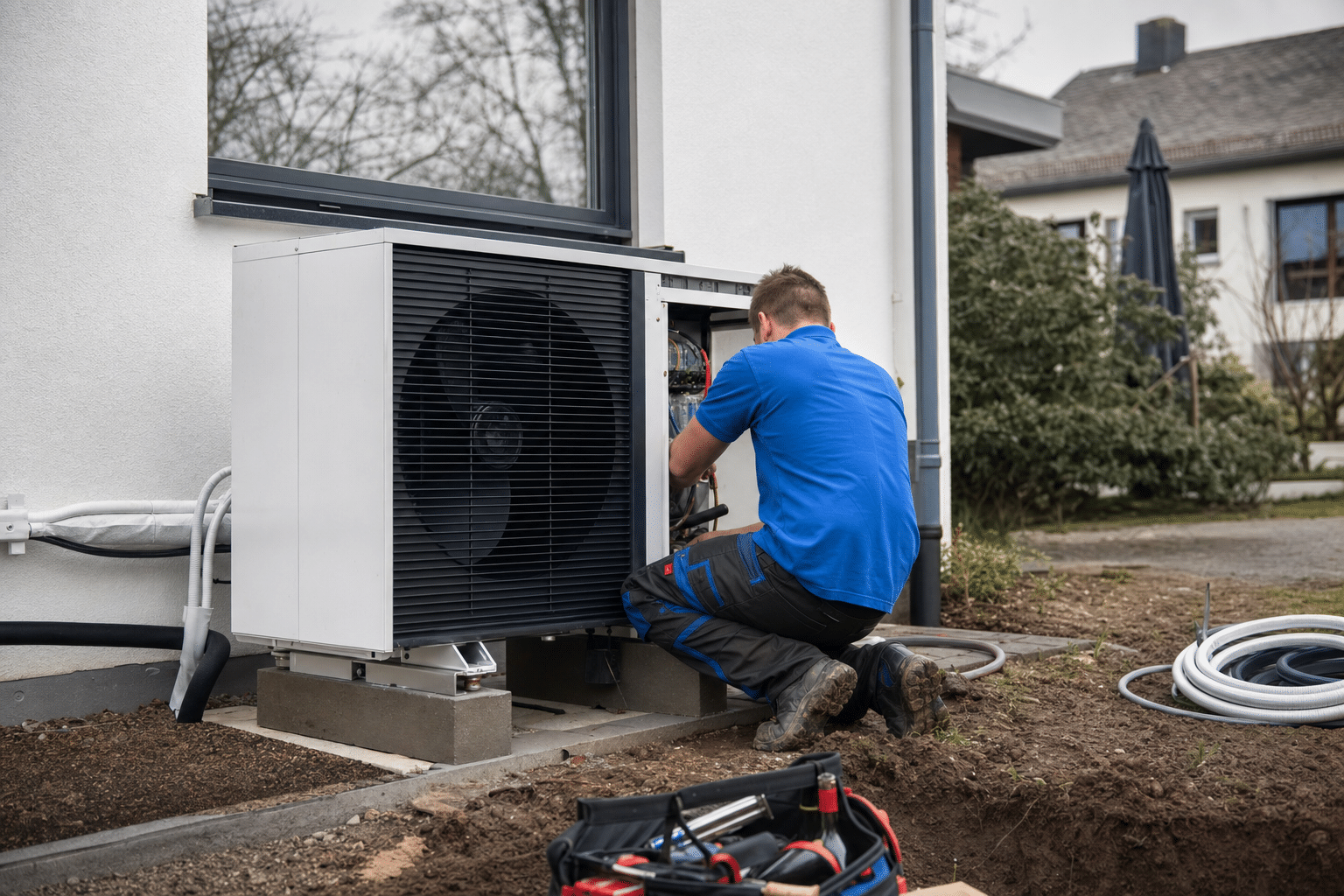 Installateur montiert moderne Wärmepumpe neben Einfamilienhaus im Garten