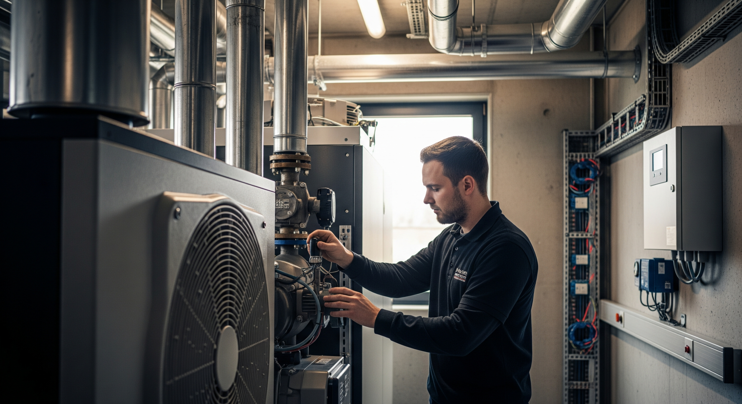 Servicetechniker prüft gewerbliche Wärmepumpenanlage in einem Oldenburger Betriebsgebäude